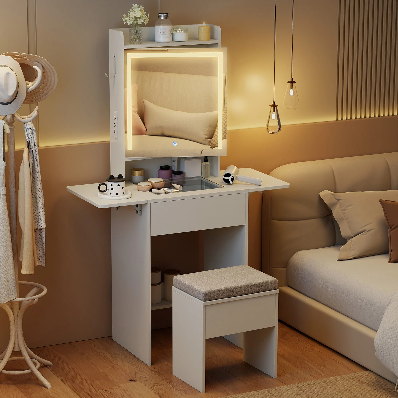 Space-saving Vanity Desk with Mirror and Lights for Bedroom, White - Image 3