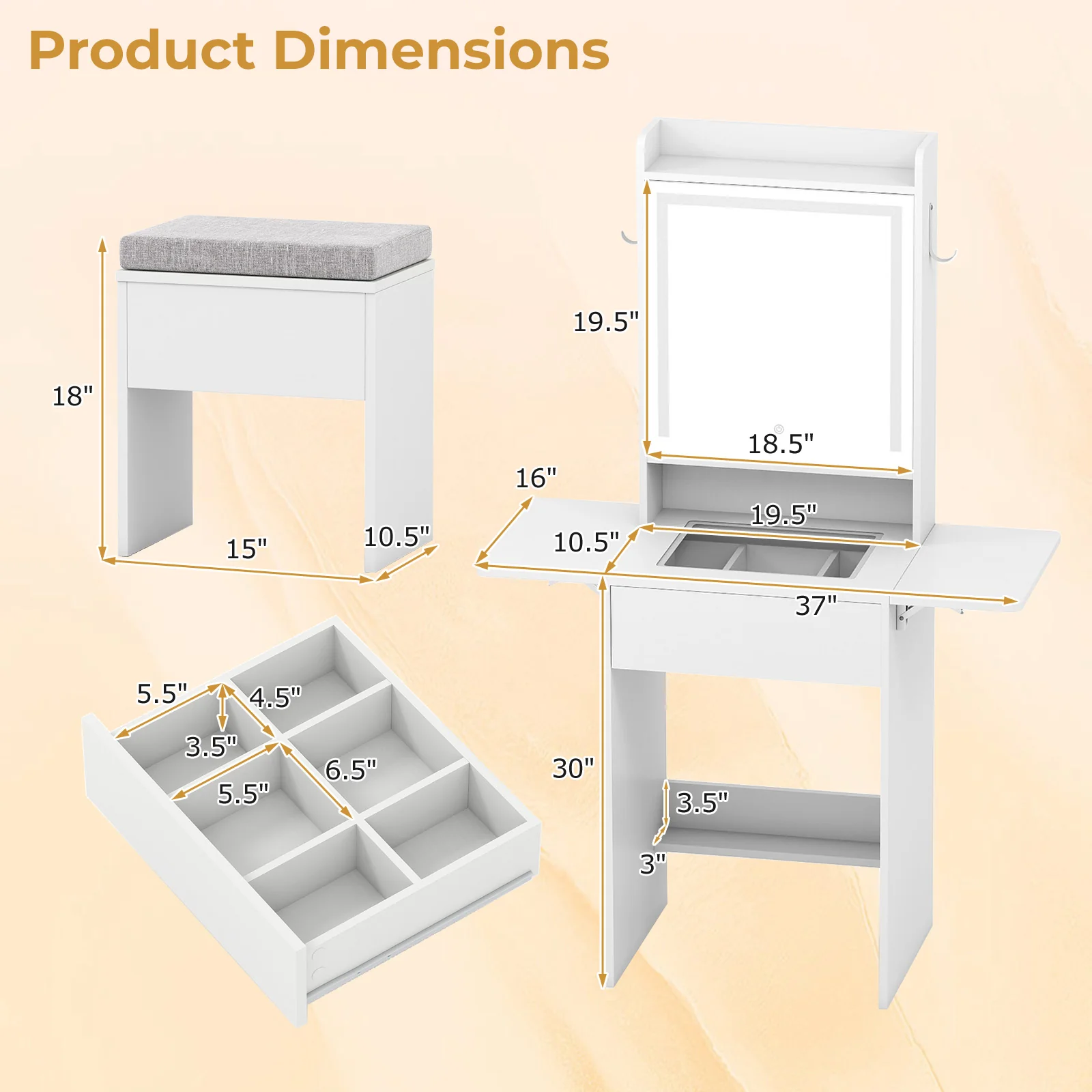 Space-saving Vanity Desk with Mirror and Lights for Bedroom, White - Image 5
