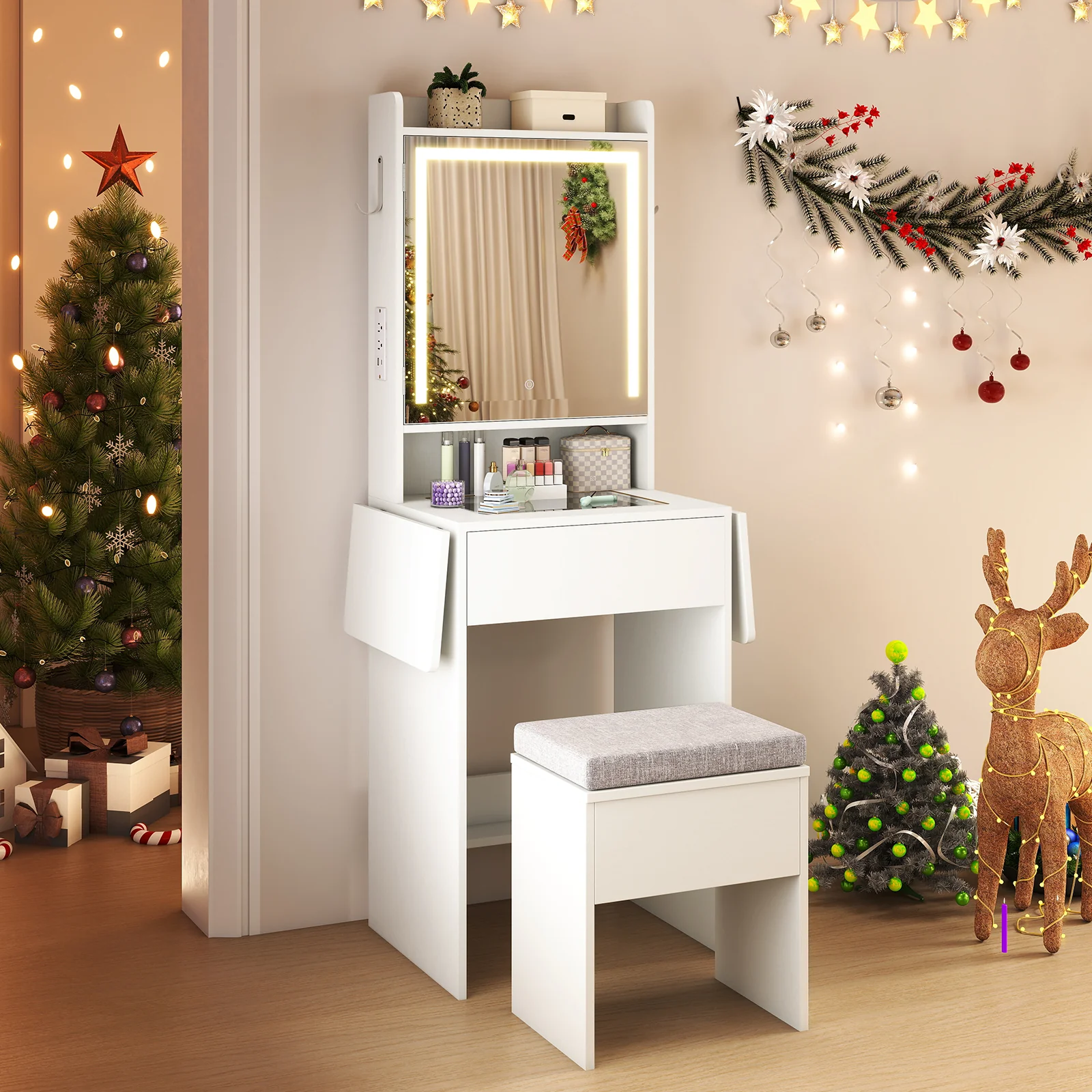 Space-saving Vanity Desk with Mirror and Lights for Bedroom, White - Image 7