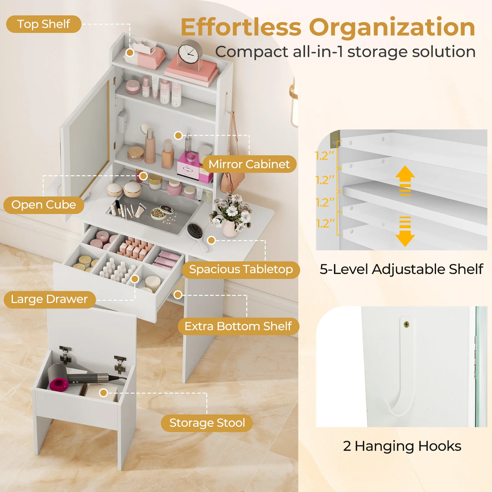 Space-saving Vanity Desk with Mirror and Lights for Bedroom, White - Image 9