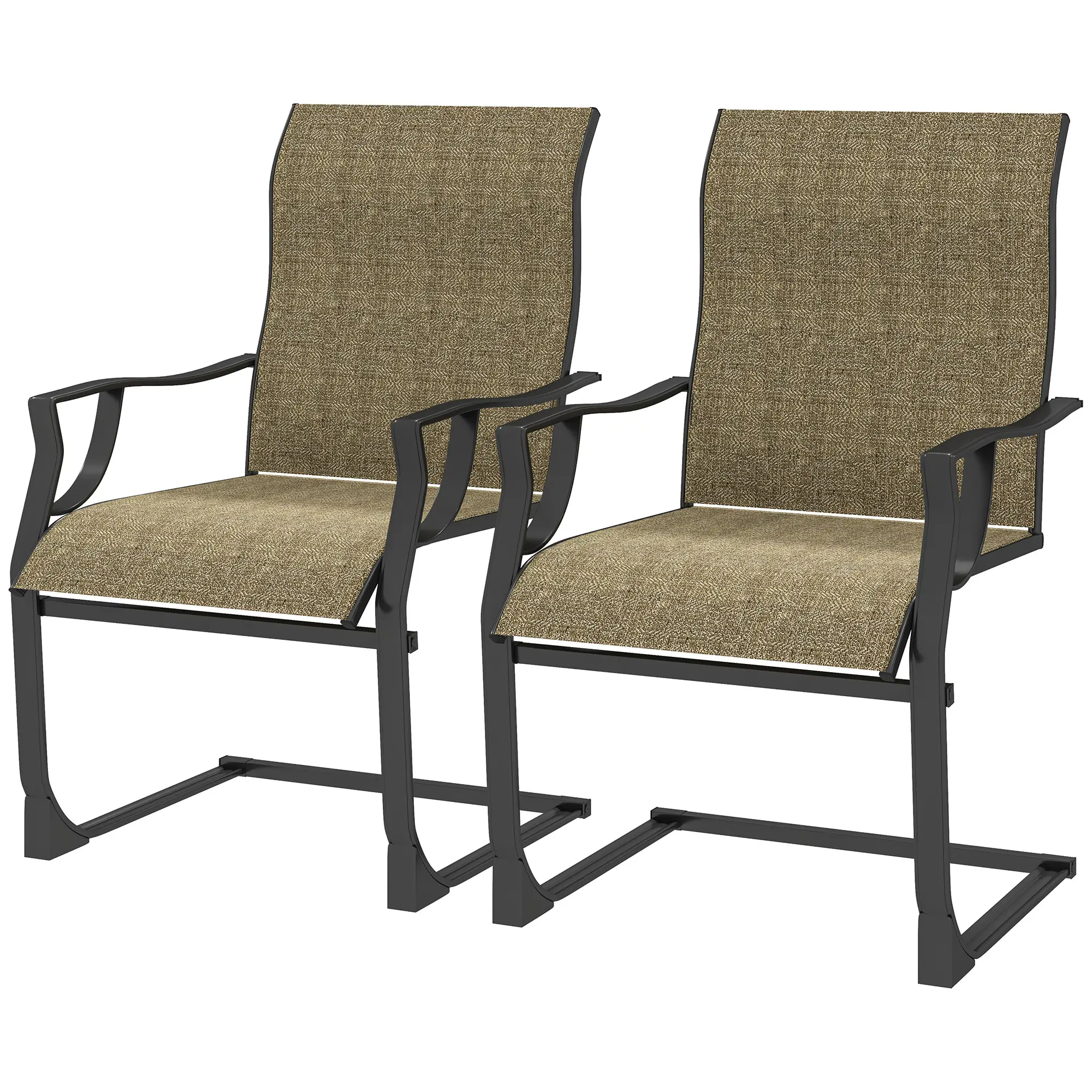 Spring Motion Patio Chairs Set Of 2, Curved High Backrest, Armrest, All Weather Fabric, Metal Frame