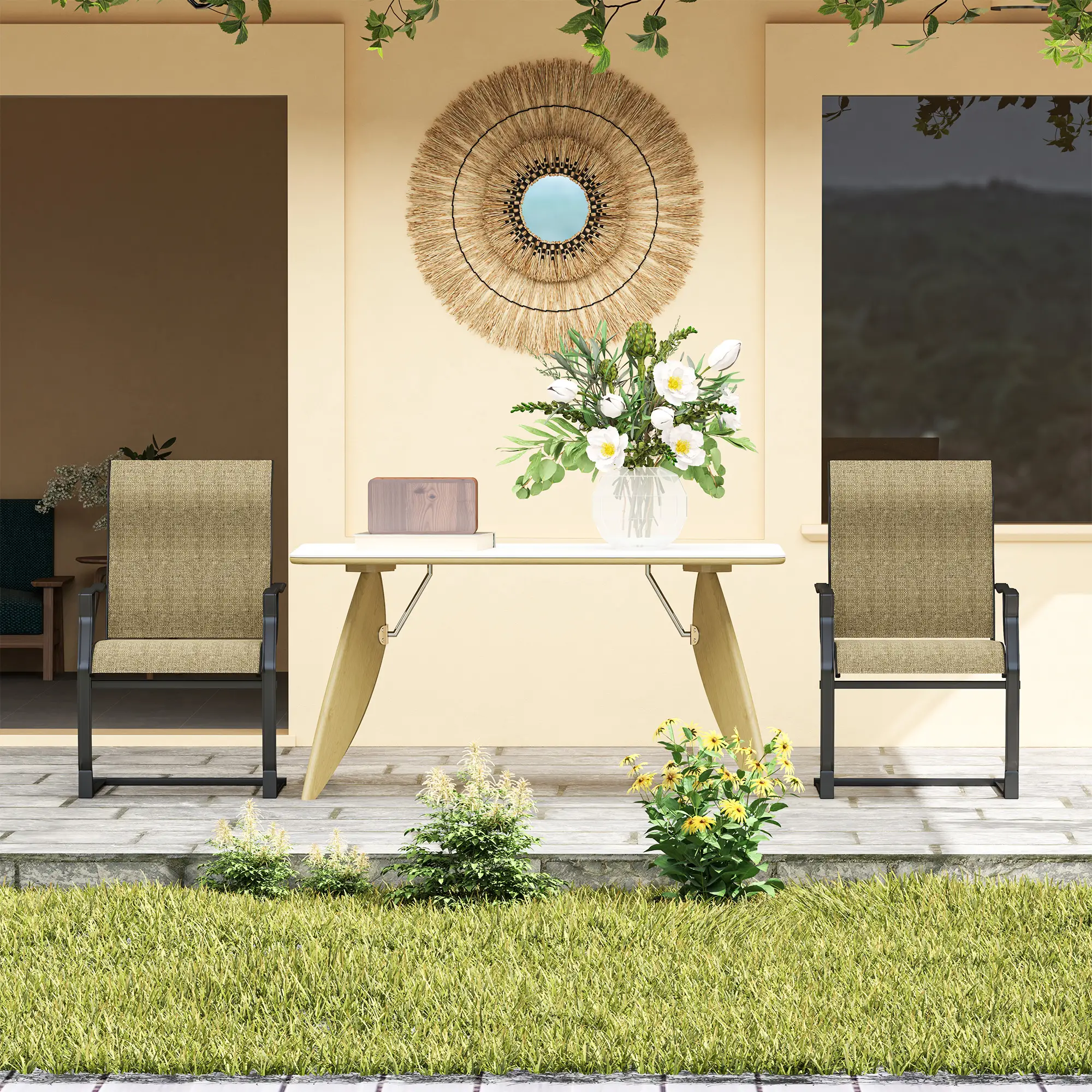 Spring Motion Patio Chairs Set Of 2, Curved High Backrest, Armrest, All Weather Fabric, Metal Frame - Image 10