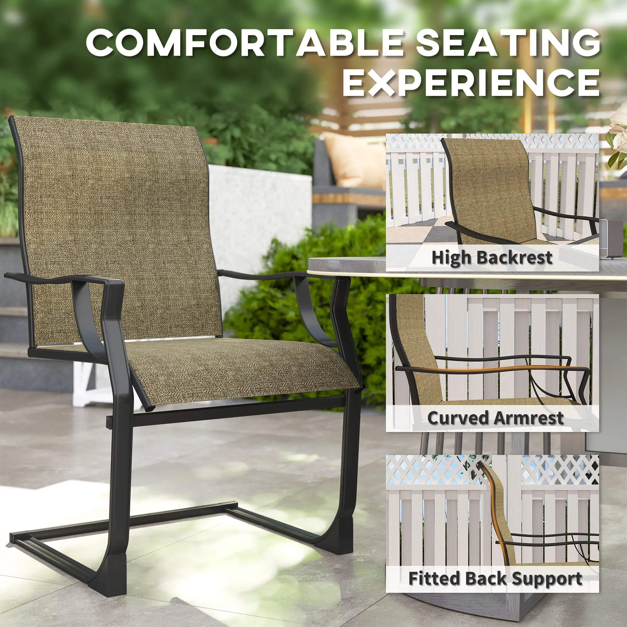 Spring Motion Patio Chairs Set Of 2, Curved High Backrest, Armrest, All Weather Fabric, Metal Frame - Image 5