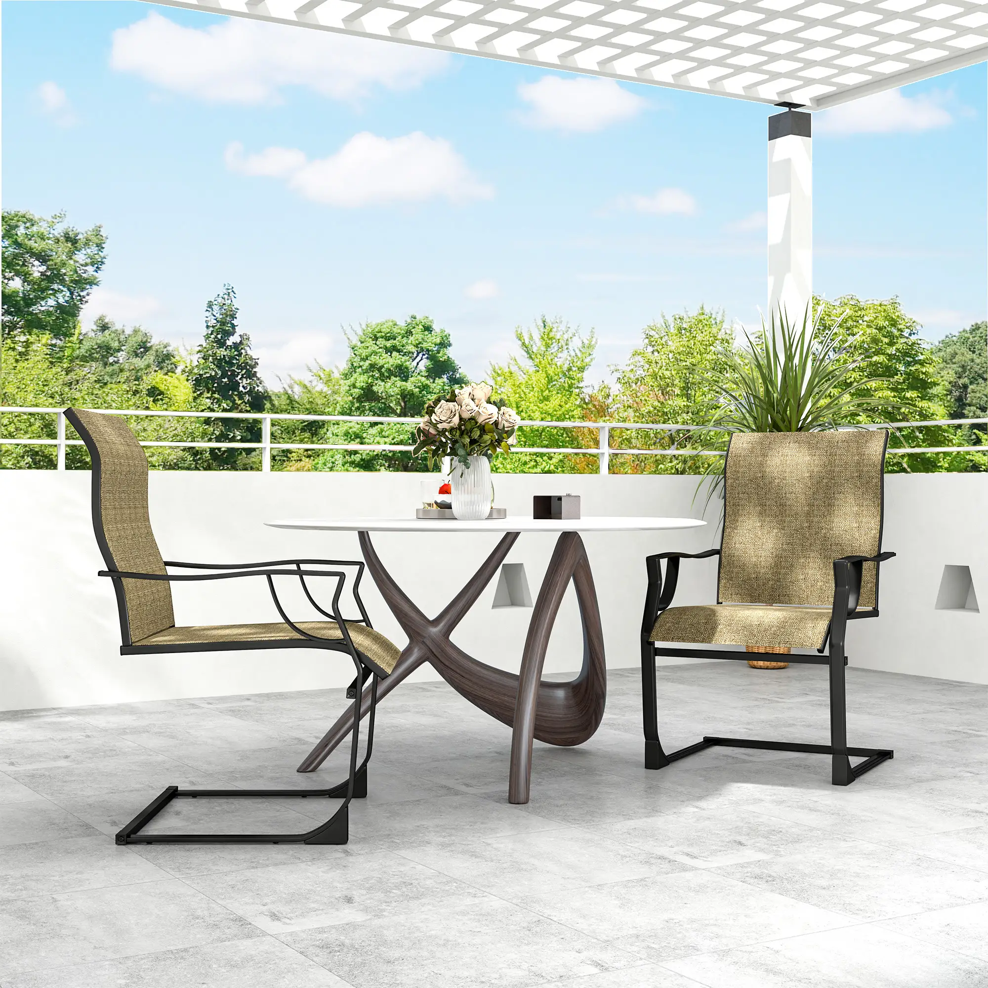 Spring Motion Patio Chairs Set Of 2, Curved High Backrest, Armrest, All Weather Fabric, Metal Frame - Image 7