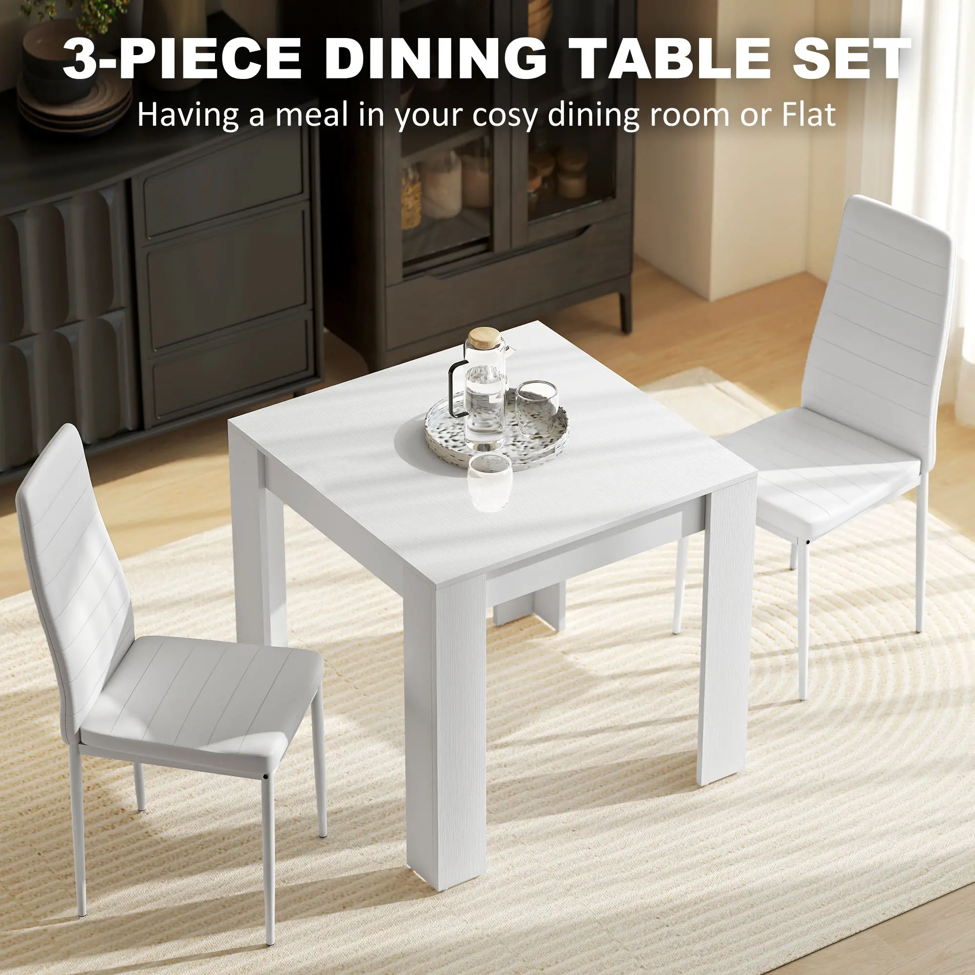 Square Dining Table Set for 2, PU Leather Chairs, White - Image 4