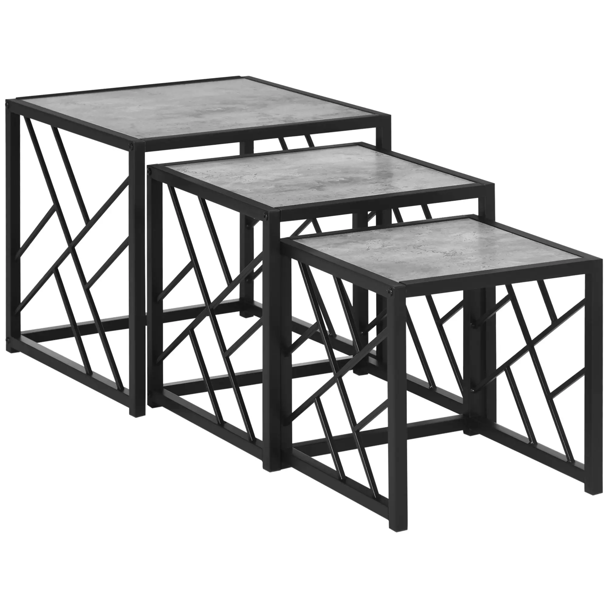 Square Nest of Tables Set of 3, Metal Frame, for Living Room, Grey