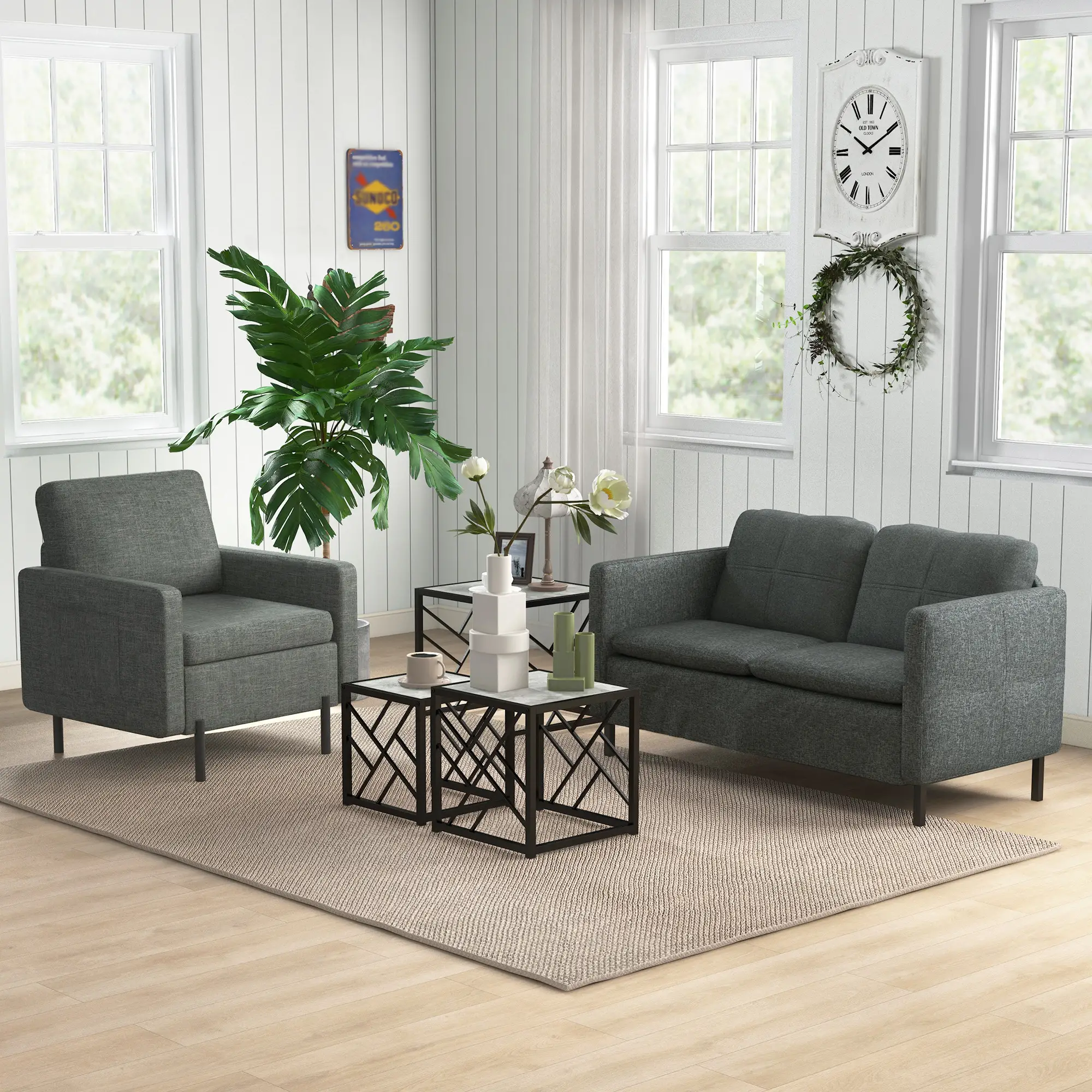 Square Nest of Tables Set of 3, Metal Frame, for Living Room, Grey - Image 2