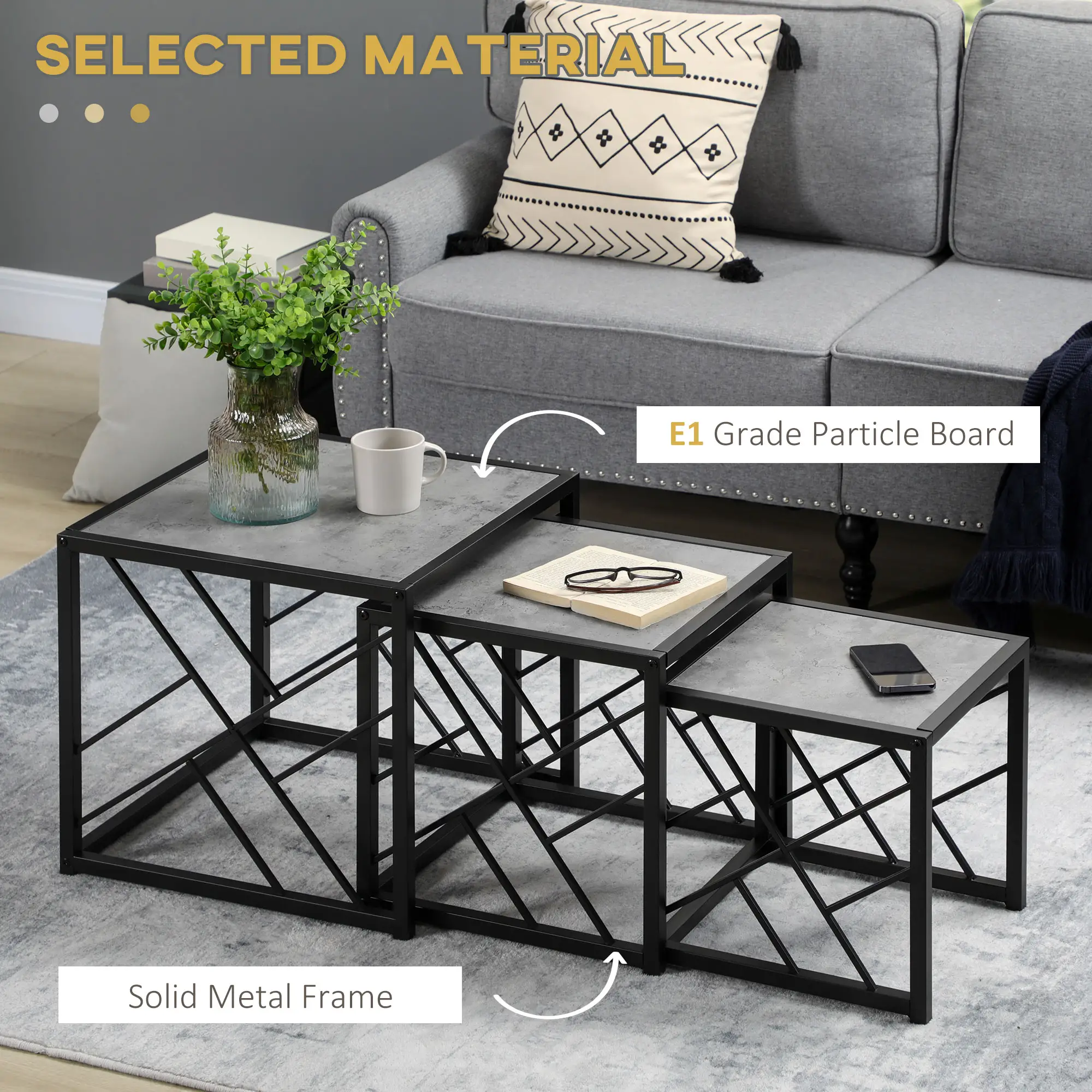 Square Nest of Tables Set of 3, Metal Frame, for Living Room, Grey - Image 4