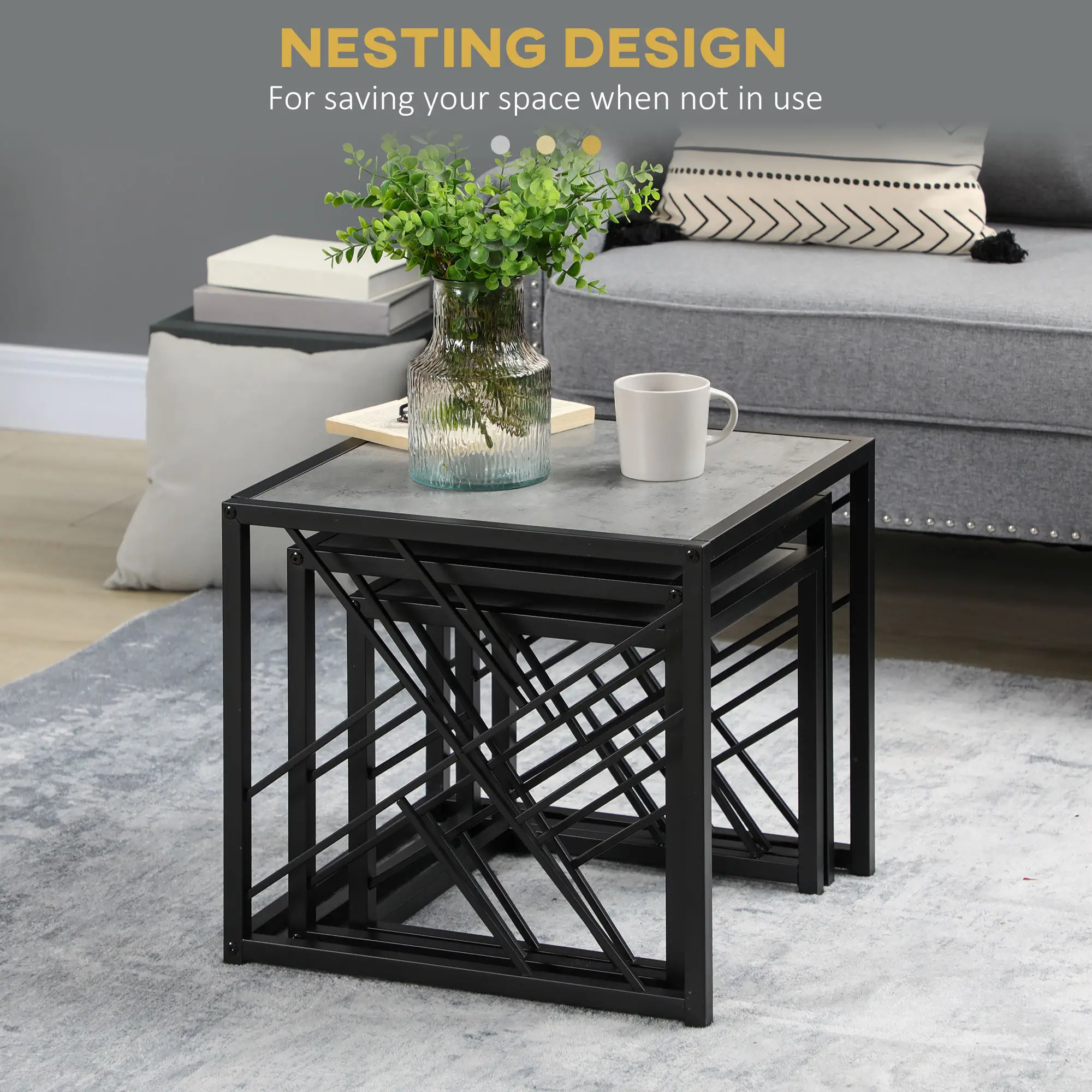 Square Nest of Tables Set of 3, Metal Frame, for Living Room, Grey - Image 5