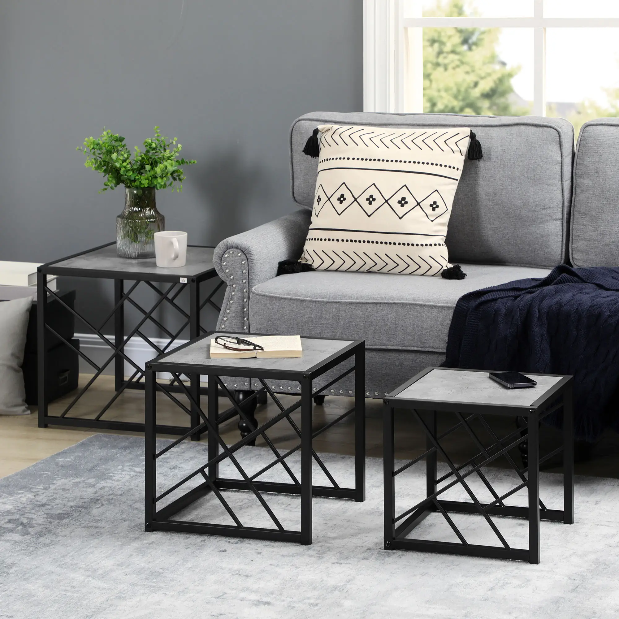 Square Nest of Tables Set of 3, Metal Frame, for Living Room, Grey - Image 7