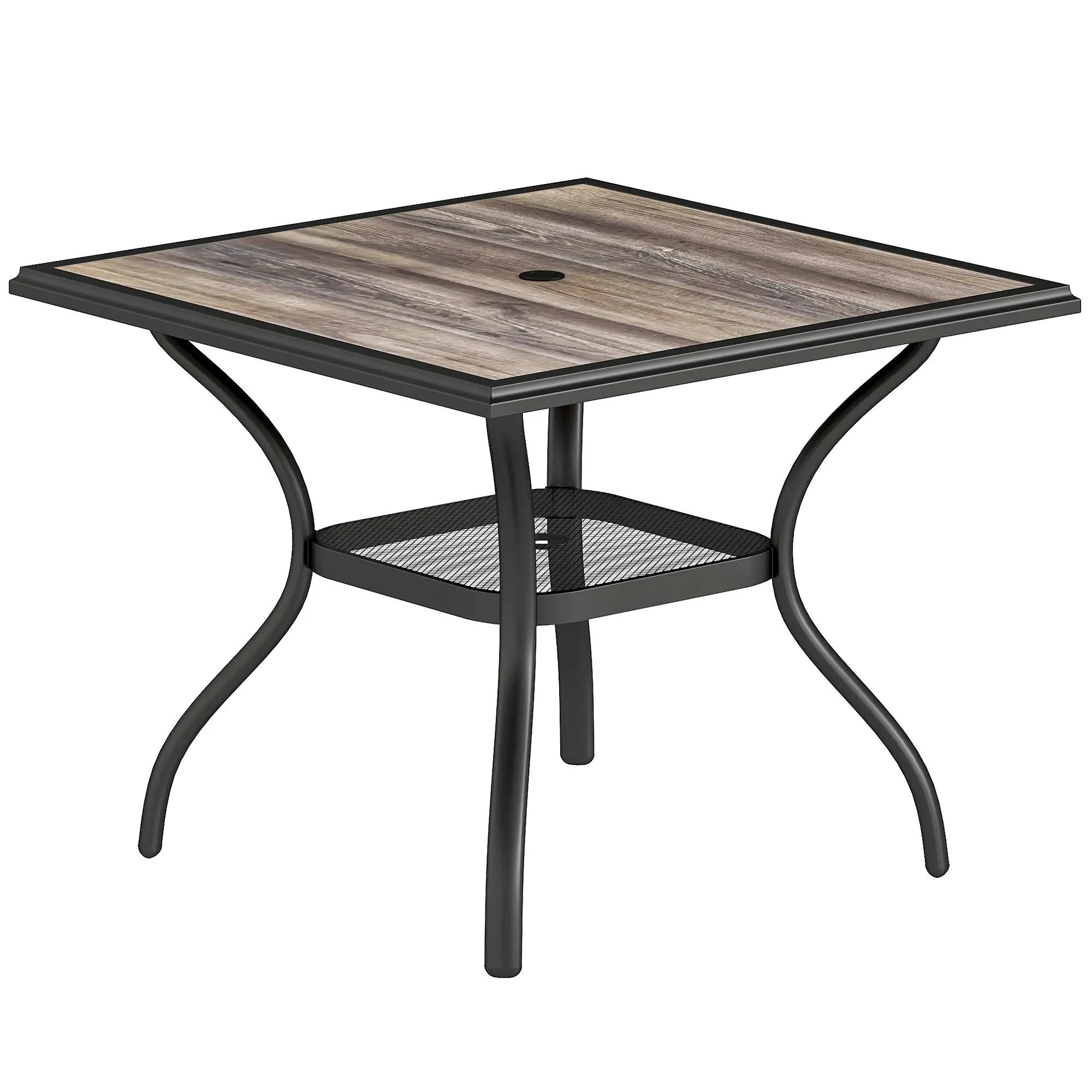 Square Outdoor Dining Table For 4, With Umbrella Hole And Shelf, Grey