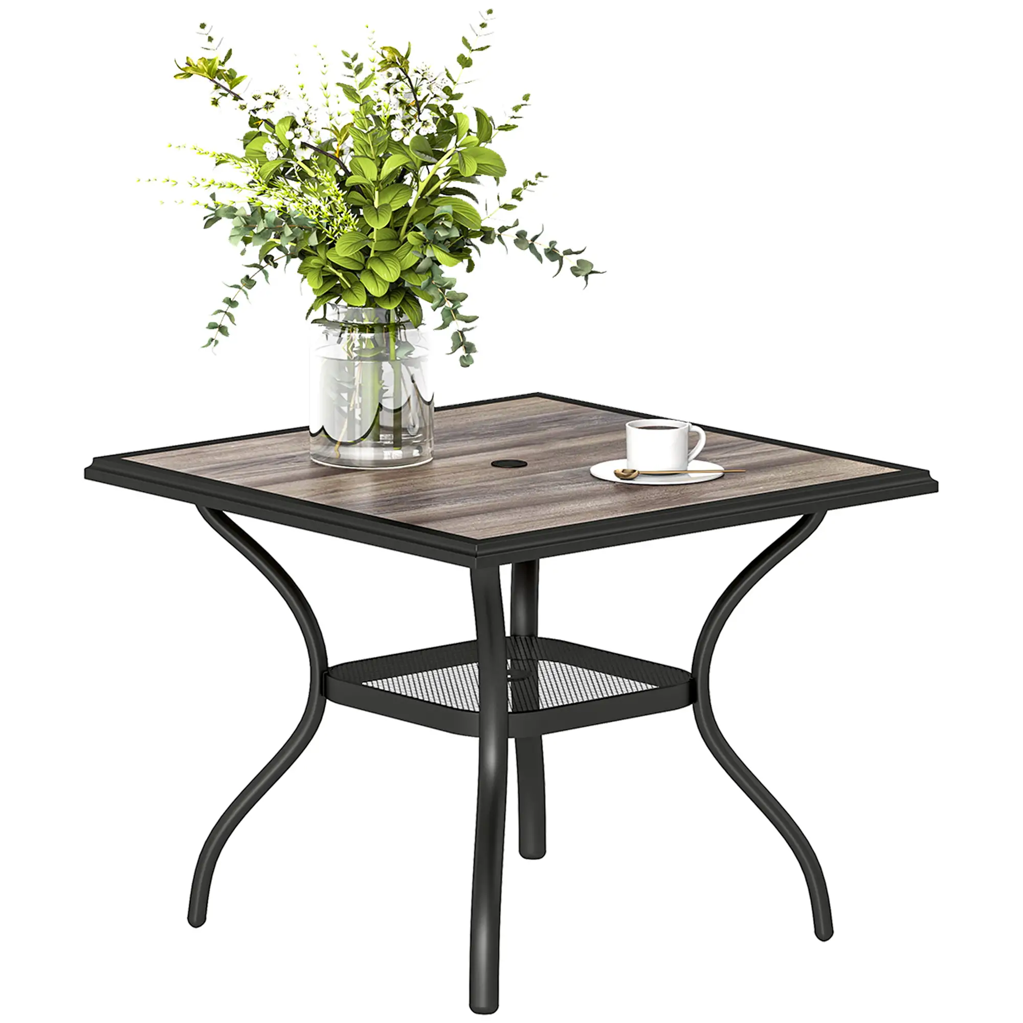 Square Outdoor Dining Table For 4, With Umbrella Hole And Shelf, Grey - Image 11