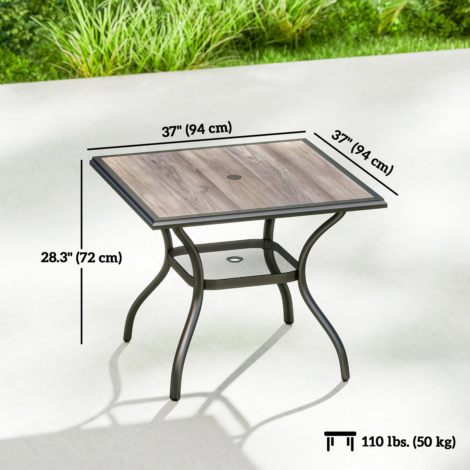 Square Outdoor Dining Table For 4, With Umbrella Hole And Shelf, Grey - Image 3