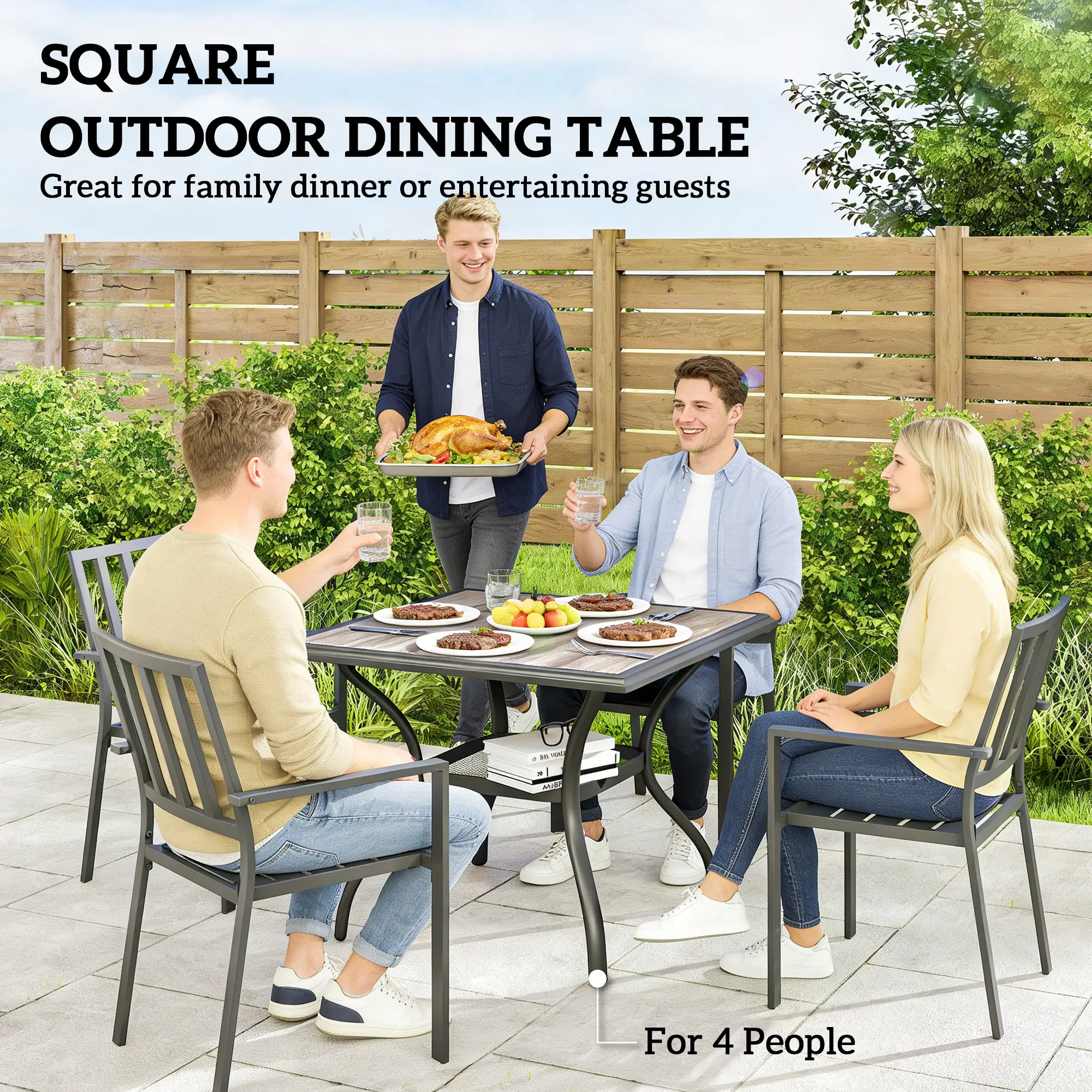 Square Outdoor Dining Table For 4, With Umbrella Hole And Shelf, Grey - Image 4