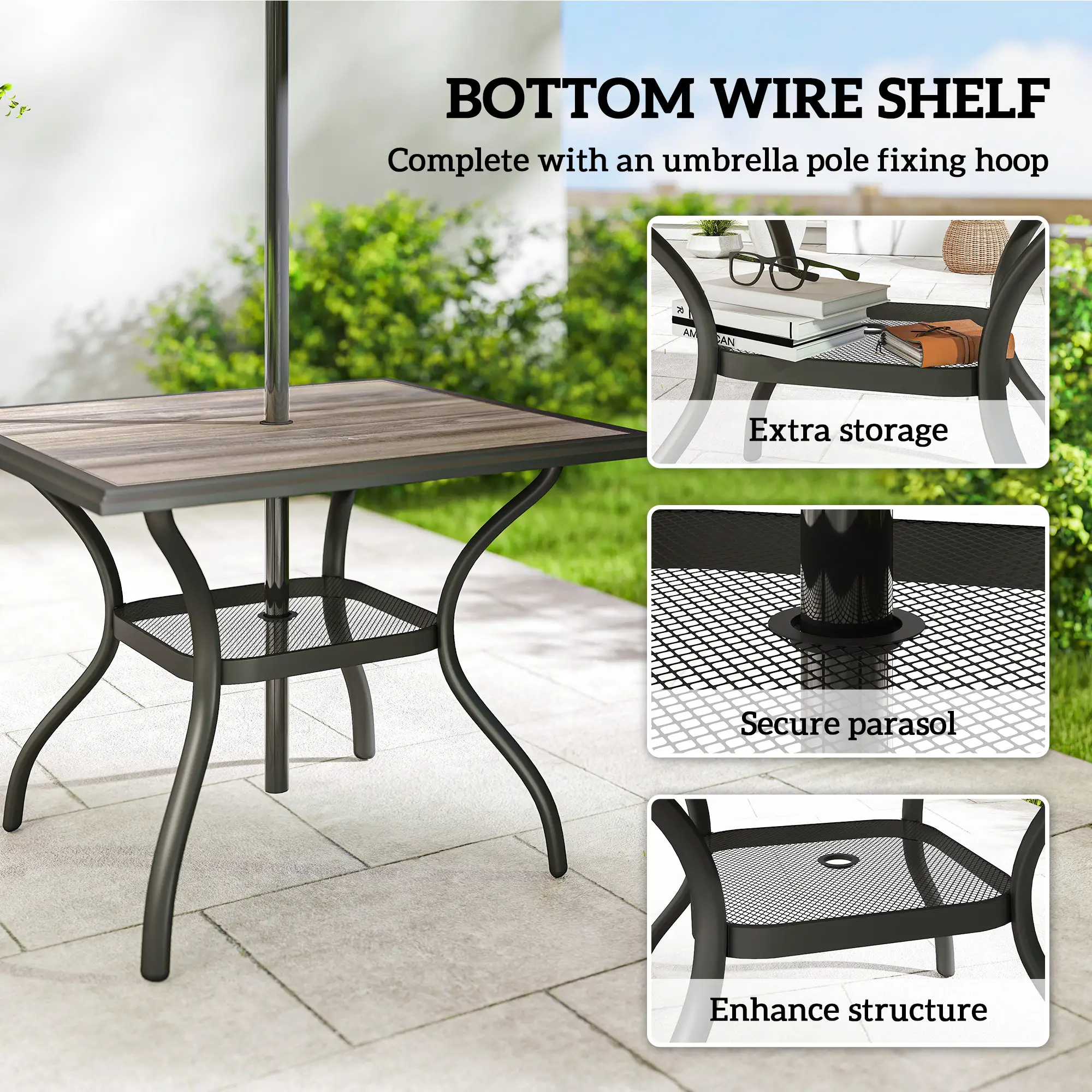 Square Outdoor Dining Table For 4, With Umbrella Hole And Shelf, Grey - Image 5