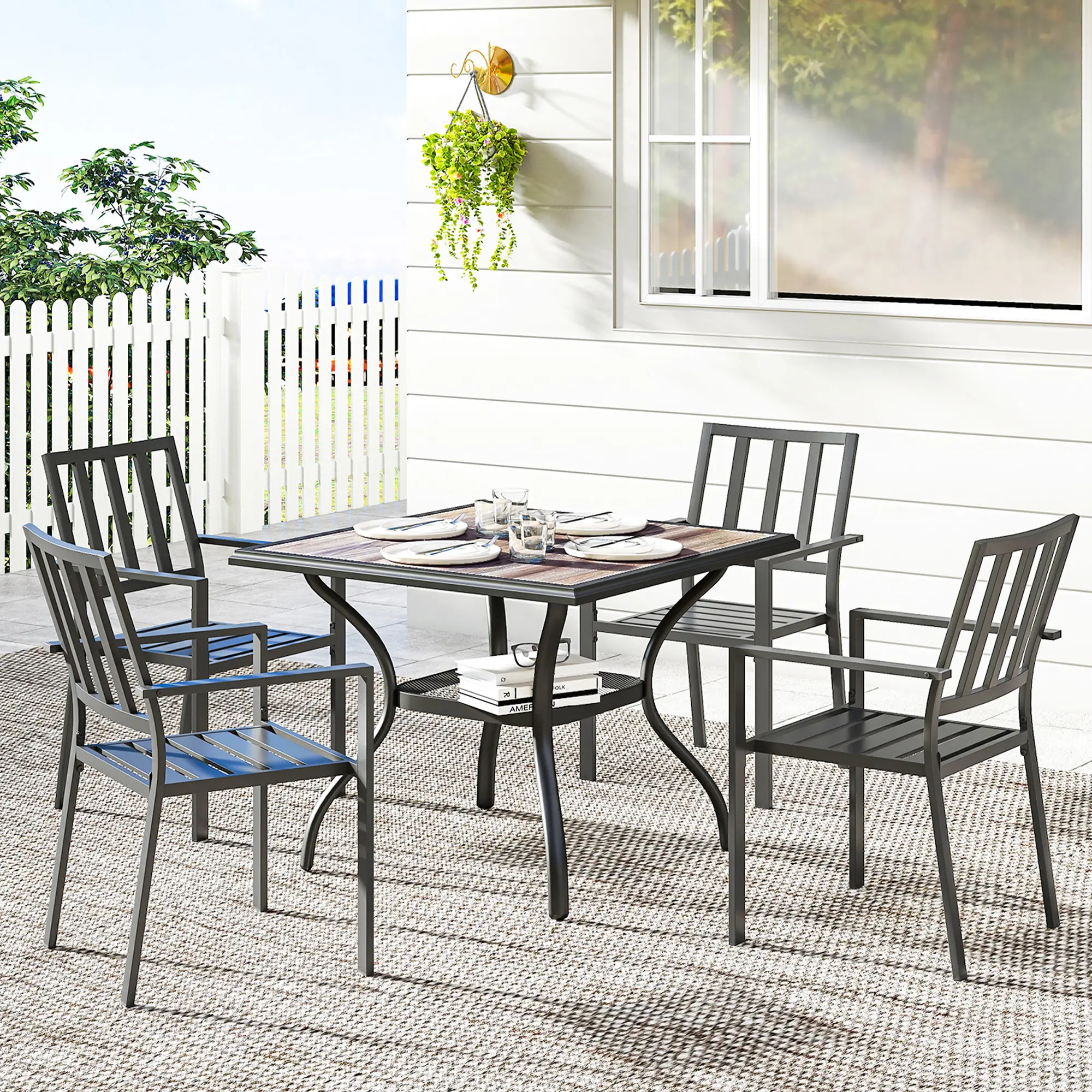 Square Outdoor Dining Table For 4, With Umbrella Hole And Shelf, Grey - Image 8