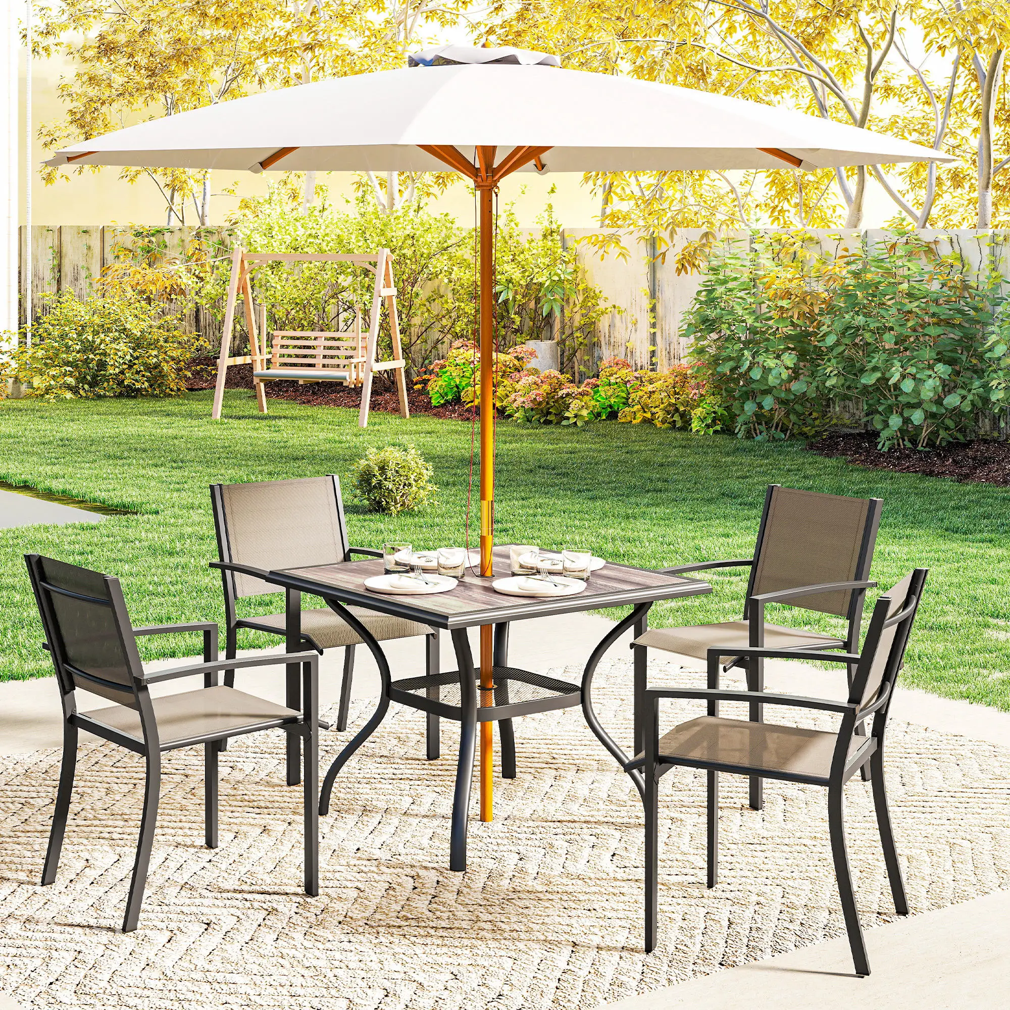 Square Outdoor Dining Table For 4, With Umbrella Hole And Shelf, Grey - Image 9