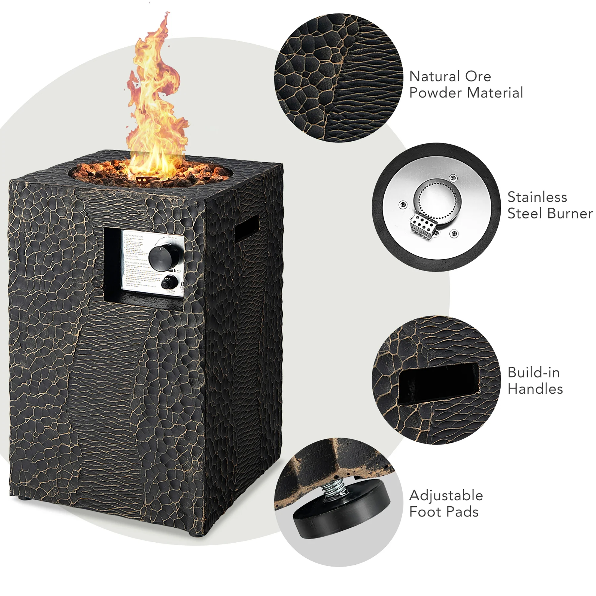 Square Outdoor Propane Fire Pit, 30000 BTU, Lava Rocks, Waterproof Cover, Black - Image 10