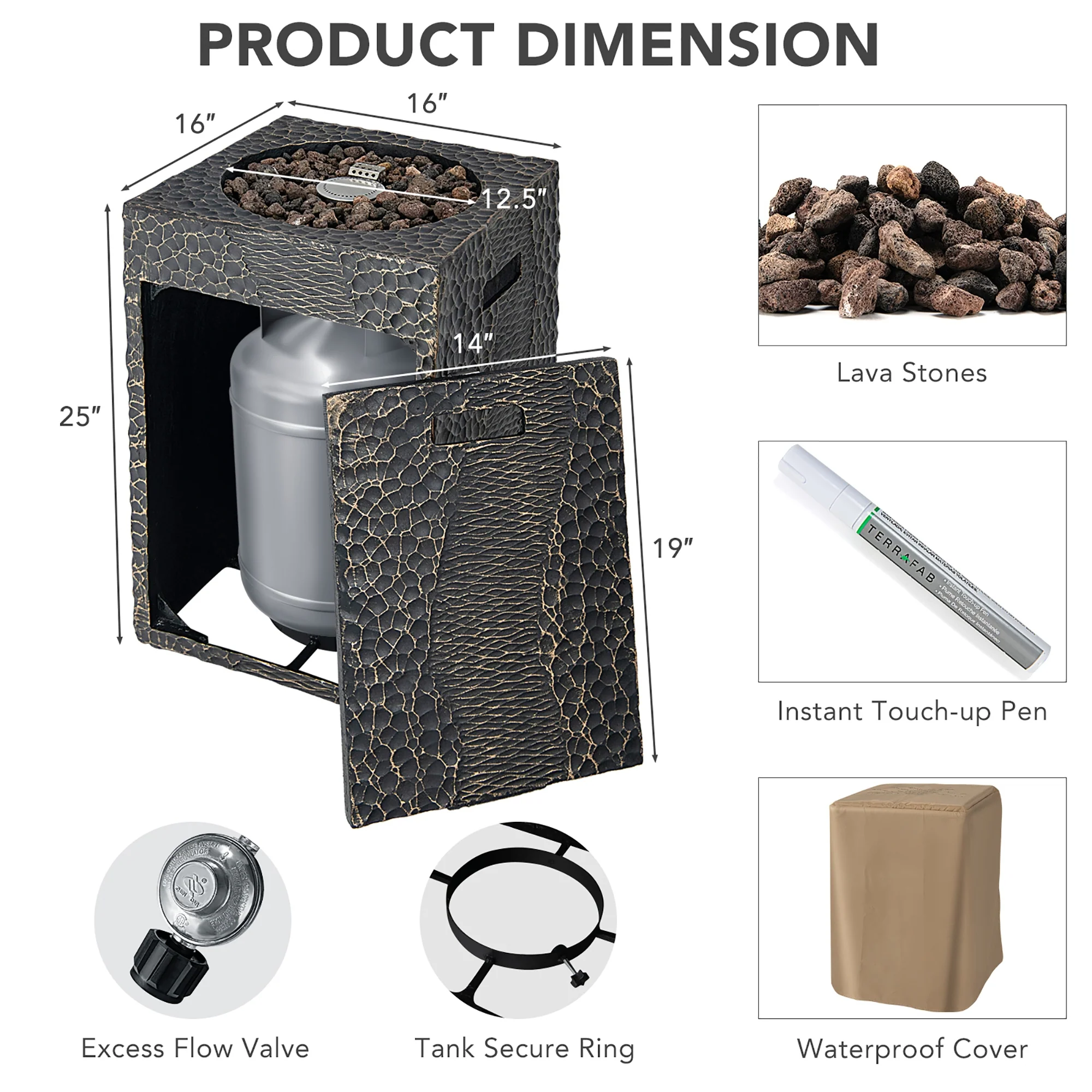Square Outdoor Propane Fire Pit, 30000 BTU, Lava Rocks, Waterproof Cover, Black - Image 6