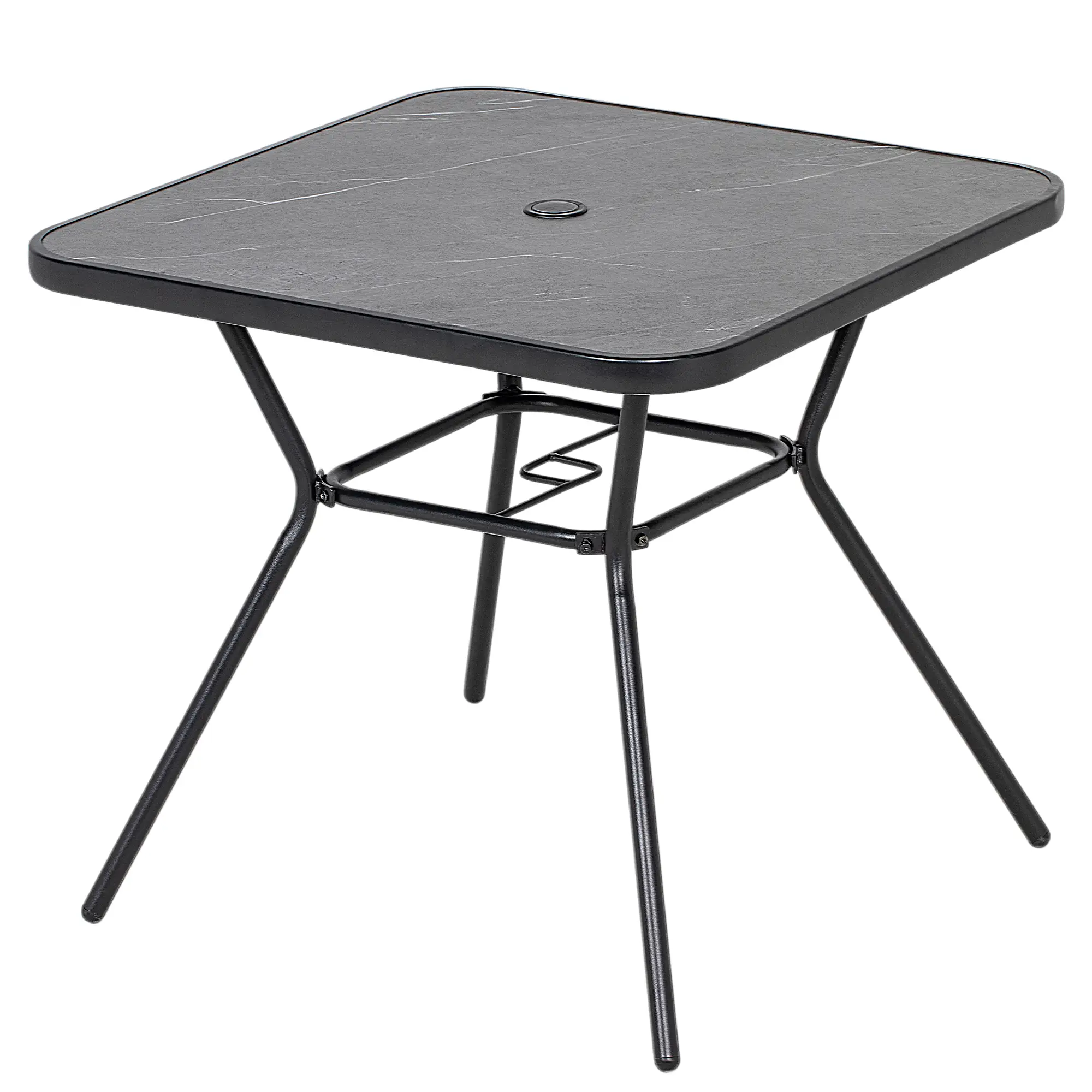 Square Outdoor Table, Patio Bistro Coffee Table, Faux-Marbled Top, 42mm Umbrella Hole, Dark Grey