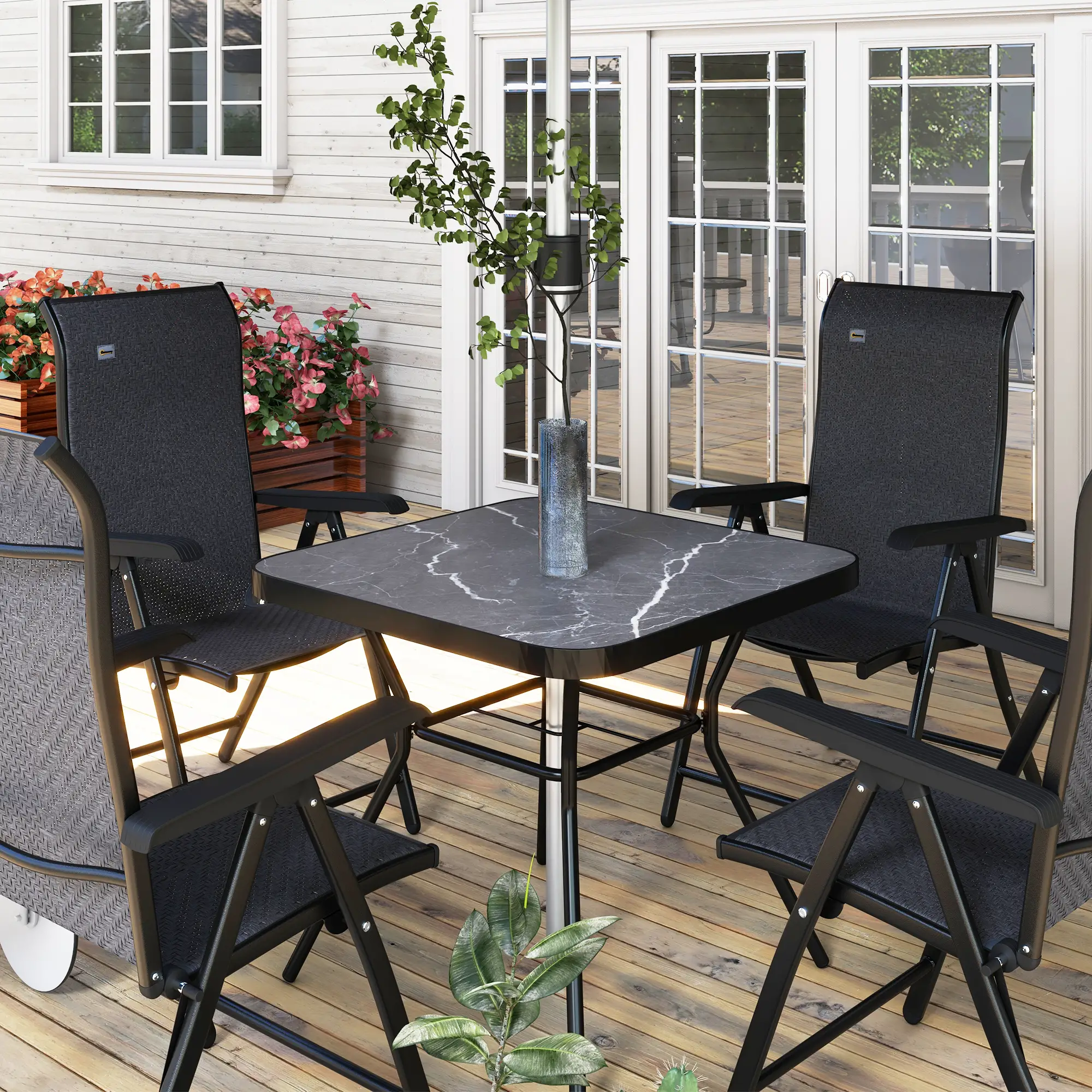 Square Outdoor Table, Patio Bistro Coffee Table, Faux-Marbled Top, 42mm Umbrella Hole, Dark Grey - Image 10