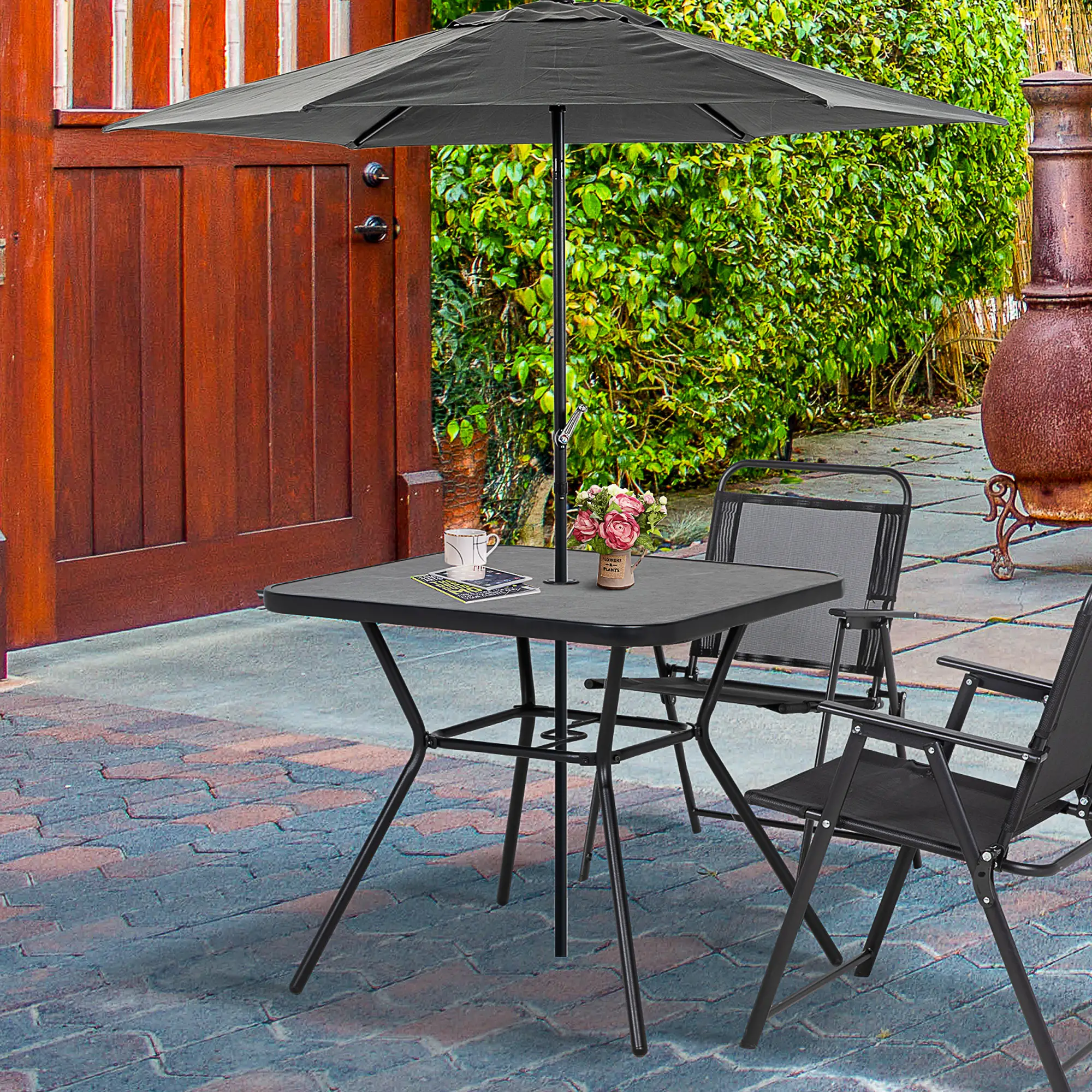 Square Outdoor Table, Patio Bistro Coffee Table, Faux-Marbled Top, 42mm Umbrella Hole, Dark Grey - Image 2