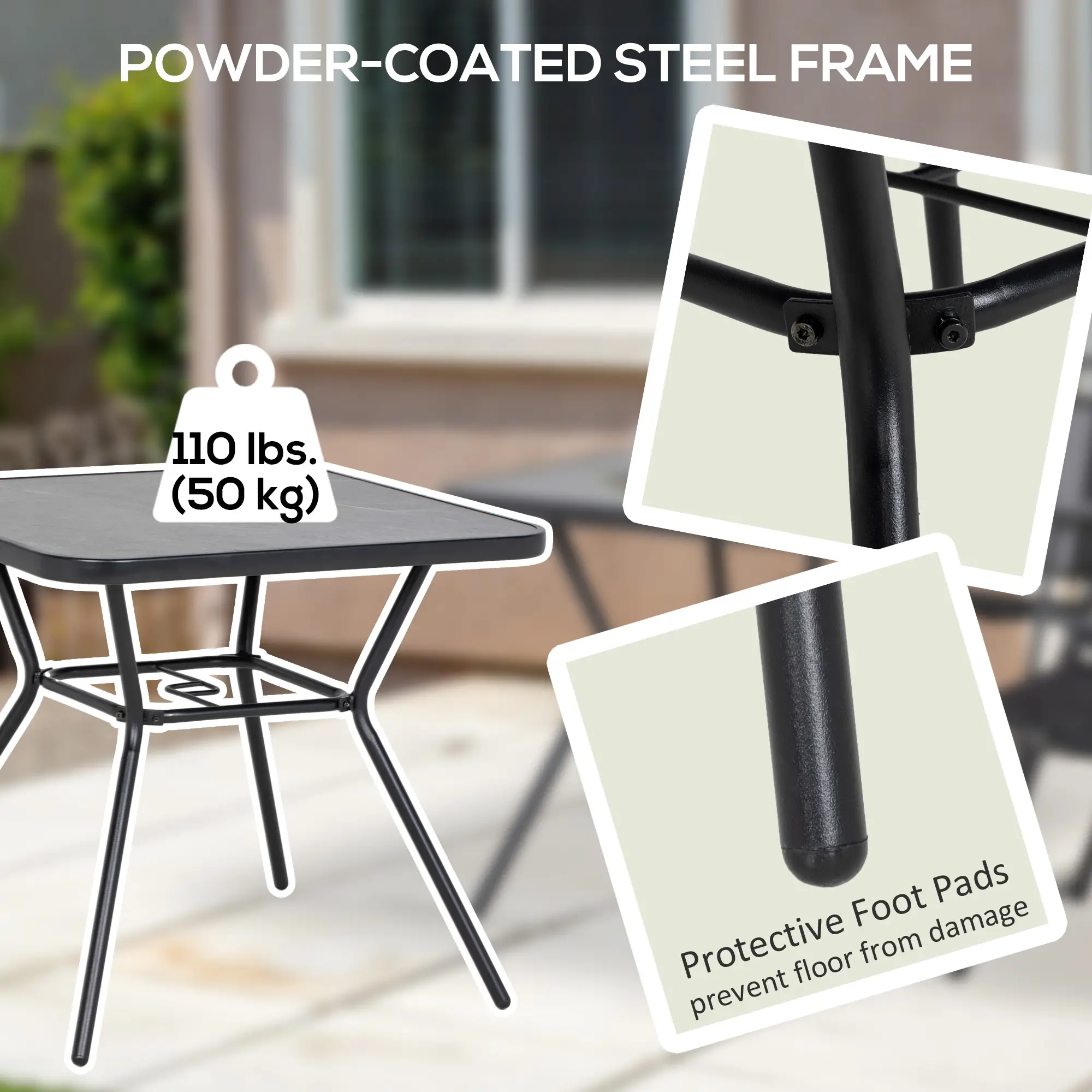 Square Outdoor Table, Patio Bistro Coffee Table, Faux-Marbled Top, 42mm Umbrella Hole, Dark Grey - Image 6