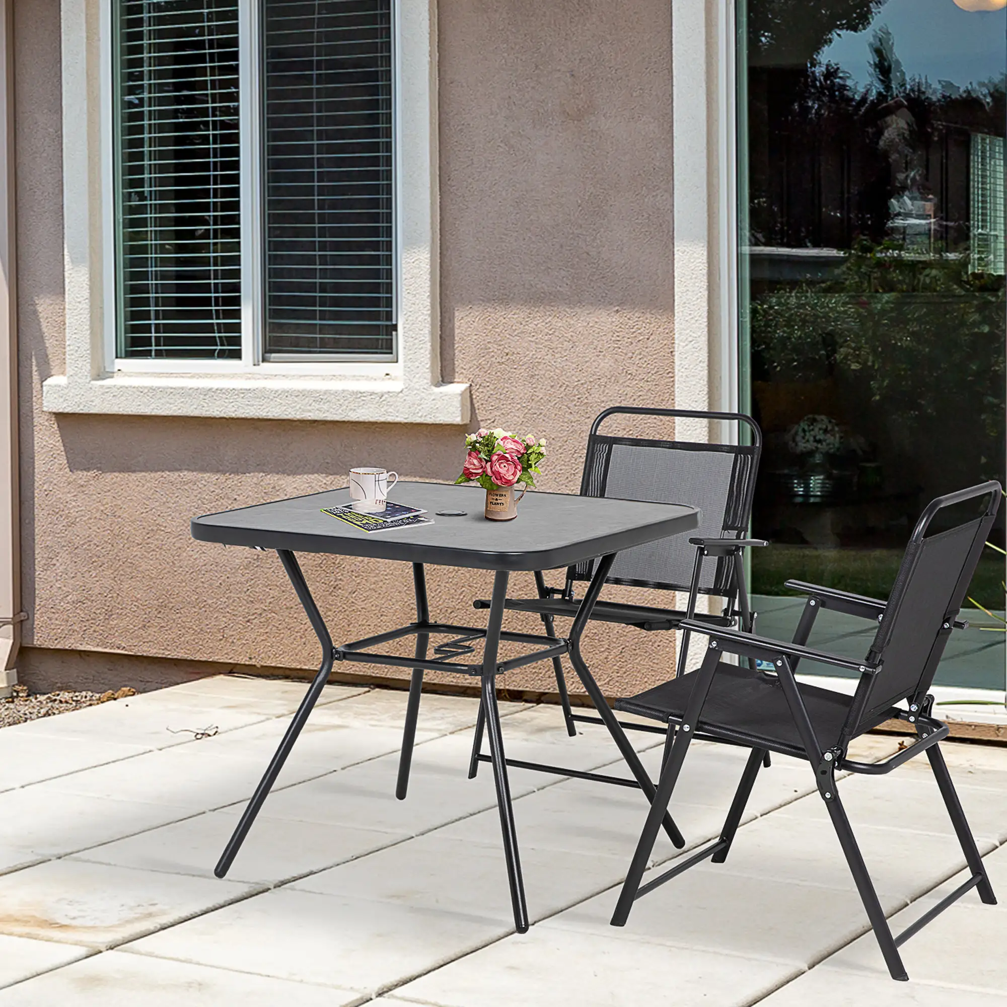 Square Outdoor Table, Patio Bistro Coffee Table, Faux-Marbled Top, 42mm Umbrella Hole, Dark Grey - Image 8