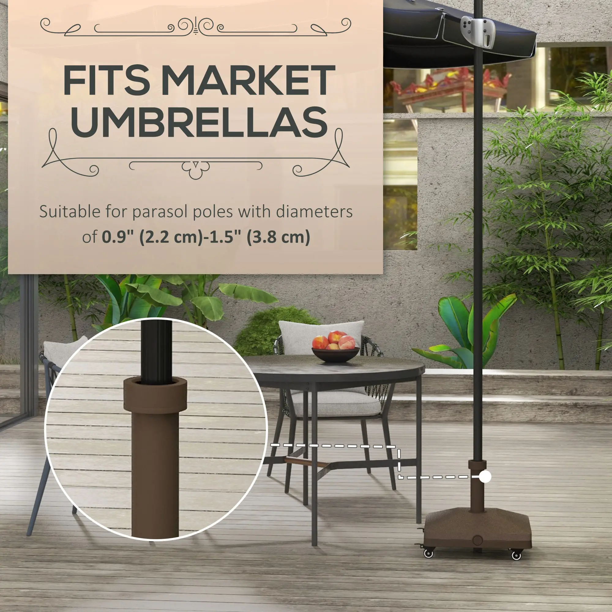 Square Parasol Base, Portable with Wheels, Water or Sand Filled, for Φ0.75", Φ1.5" Poles, Brown - Image 4