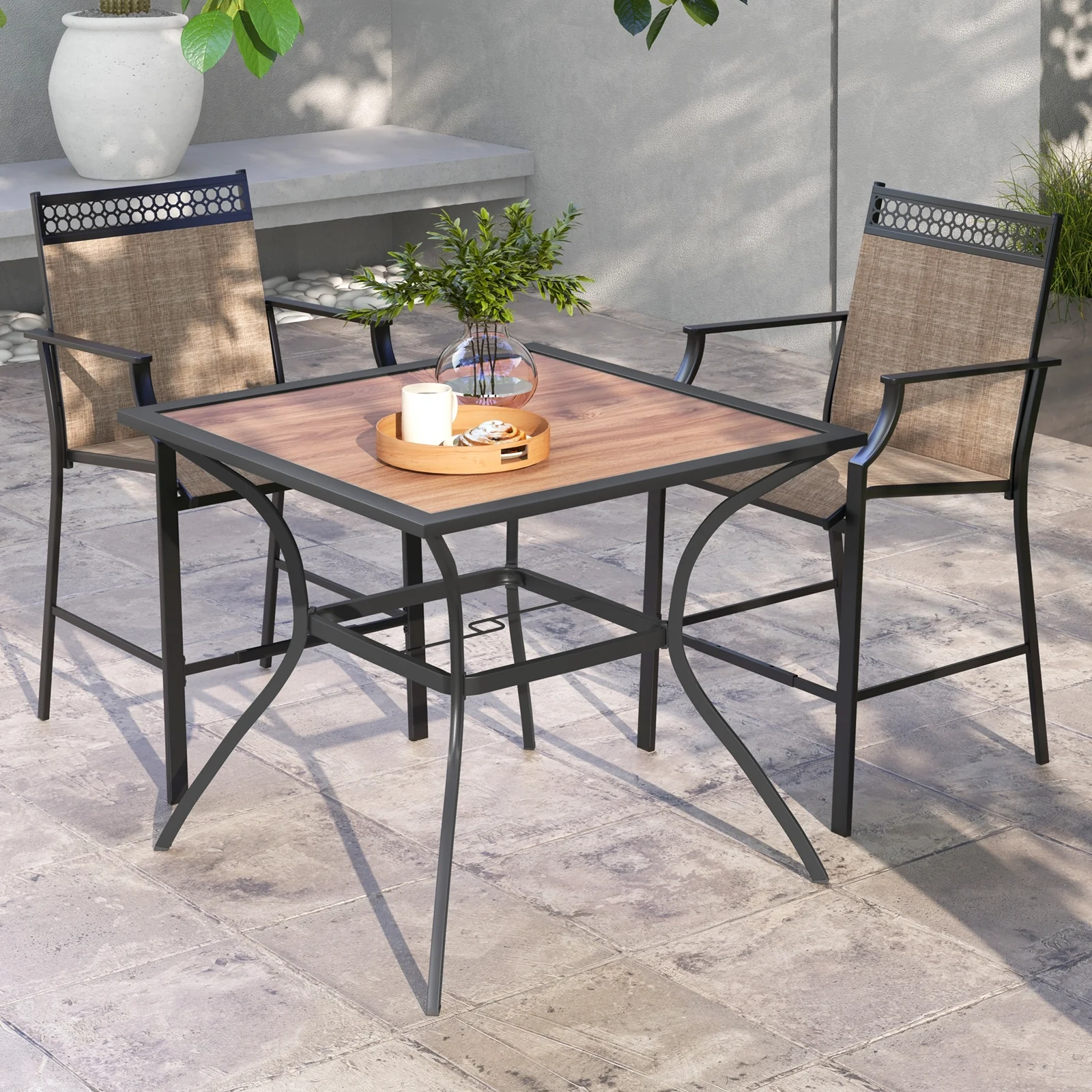 Square Patio Dining Table For 4, With Umbrella Hole, Black Brown - Image 2