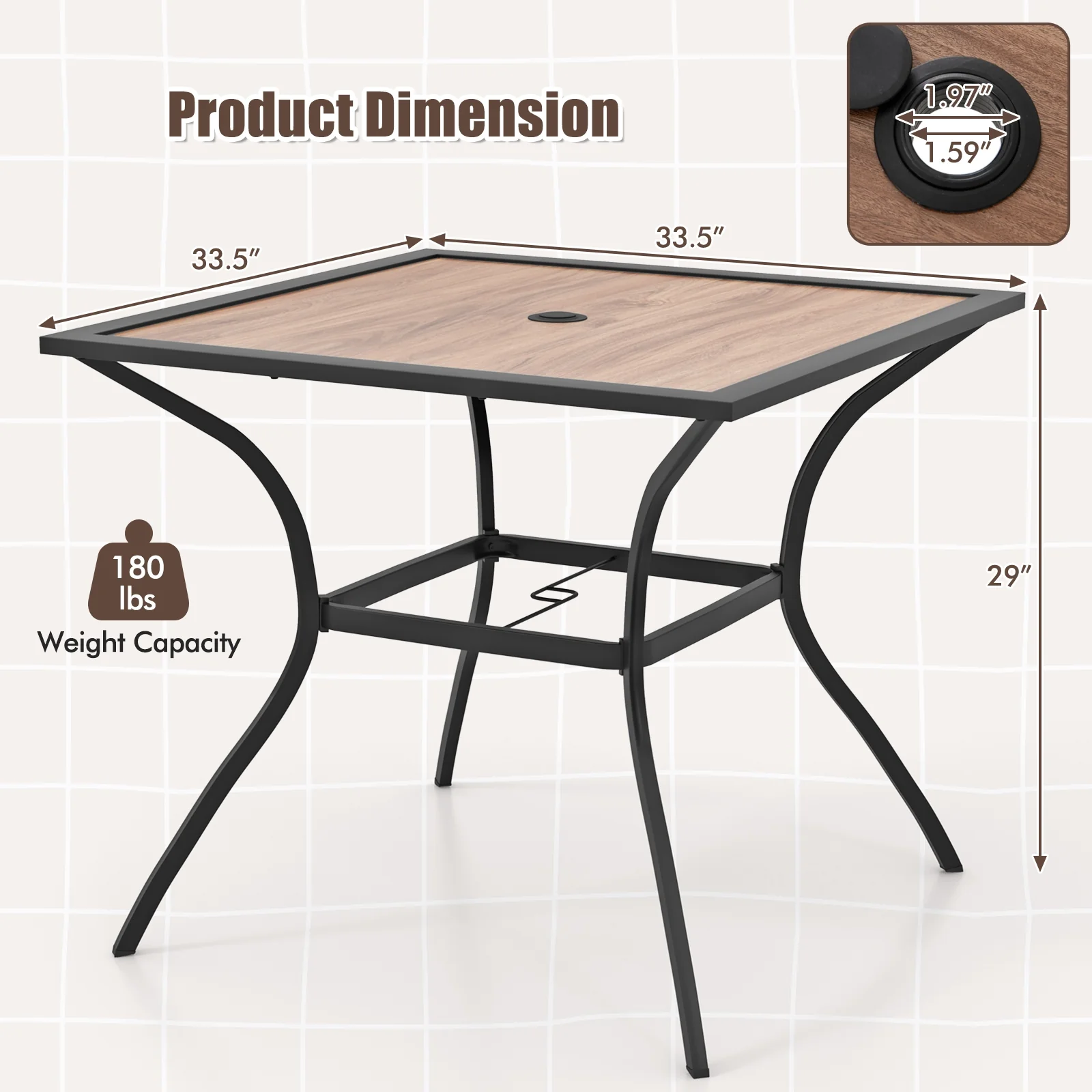 Square Patio Dining Table For 4, With Umbrella Hole, Black Brown - Image 6