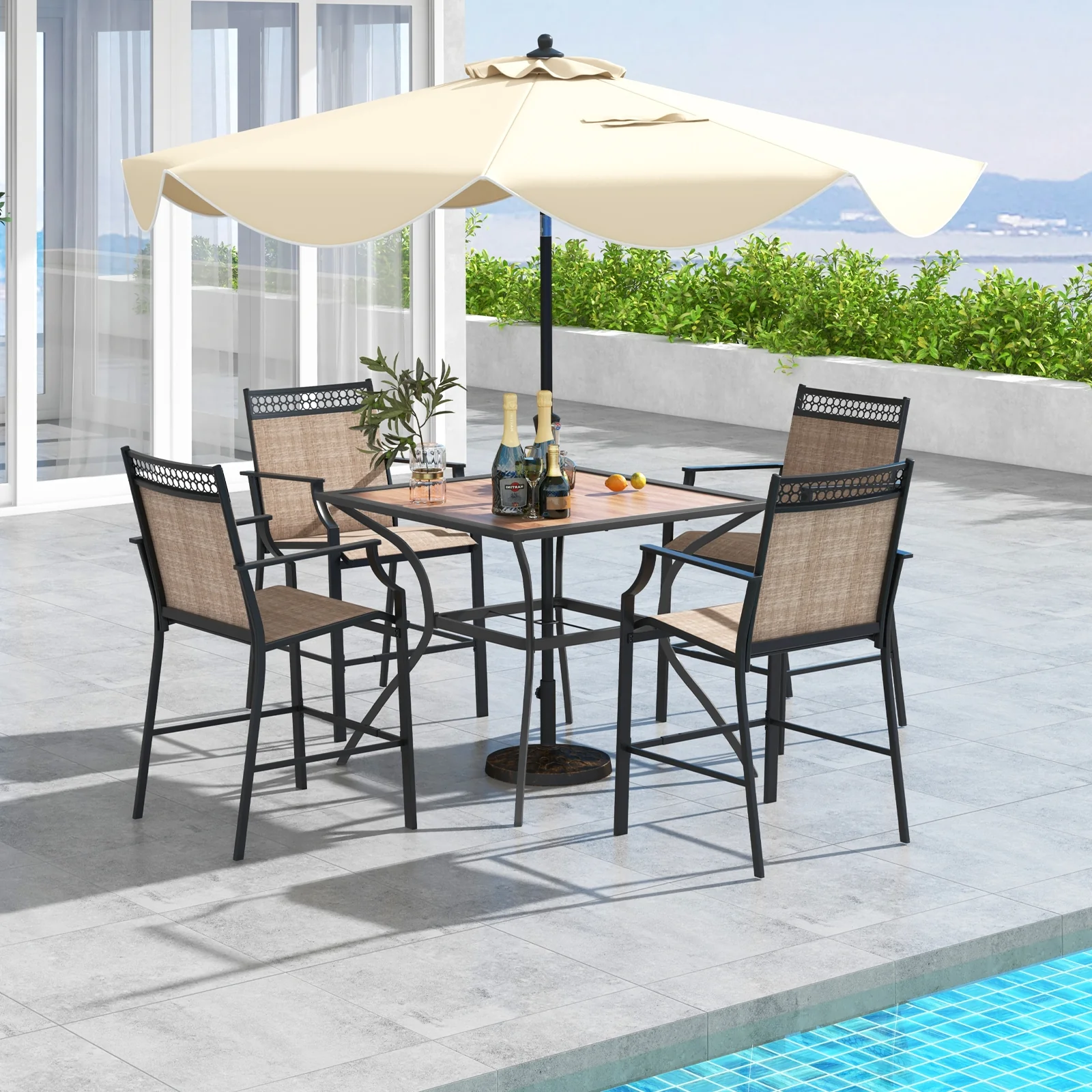 Square Patio Dining Table For 4, With Umbrella Hole, Black Brown - Image 7