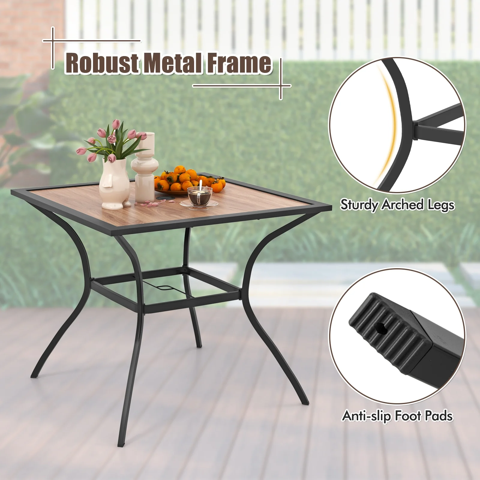 Square Patio Dining Table For 4, With Umbrella Hole, Black Brown - Image 8