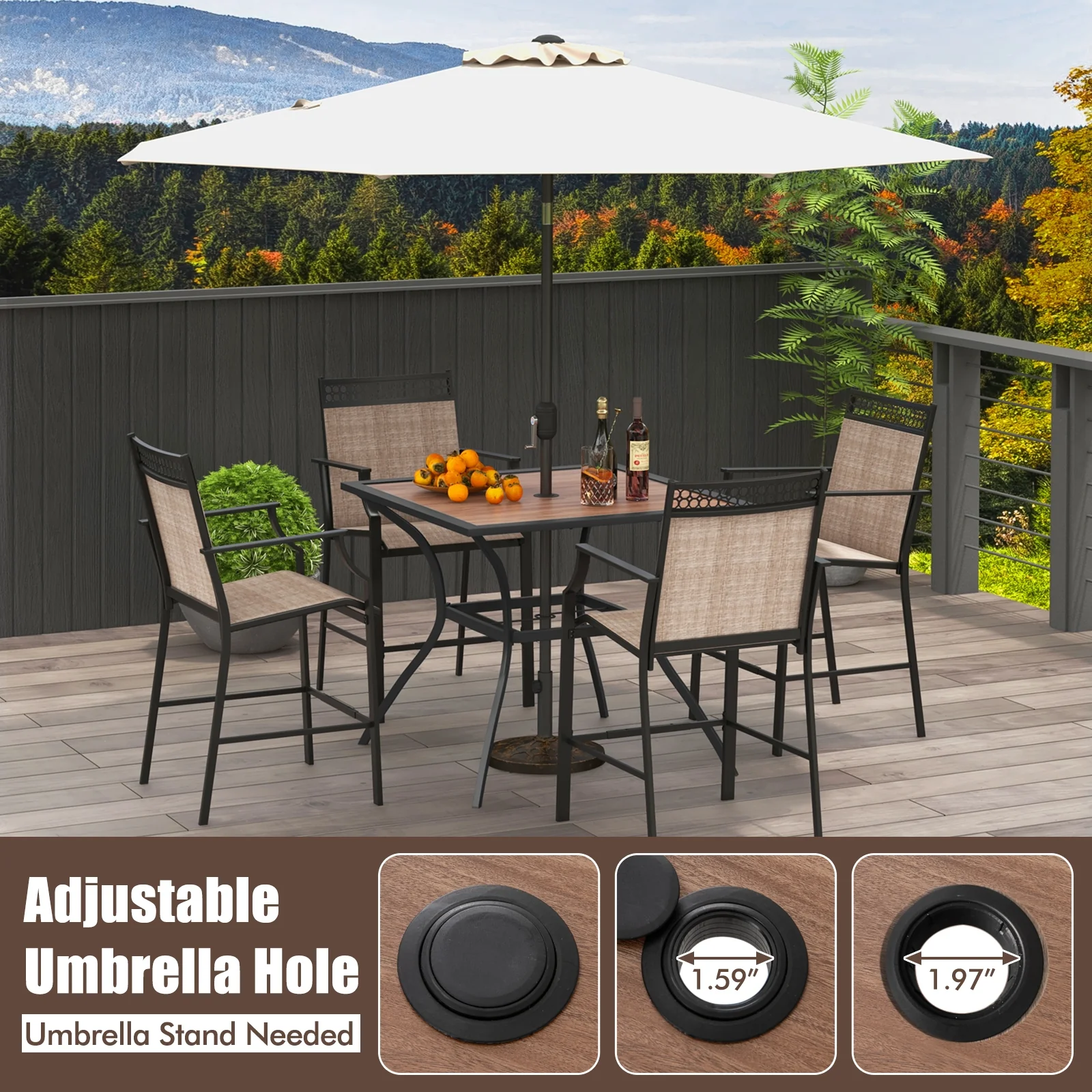 Square Patio Dining Table For 4, With Umbrella Hole, Black Brown - Image 9
