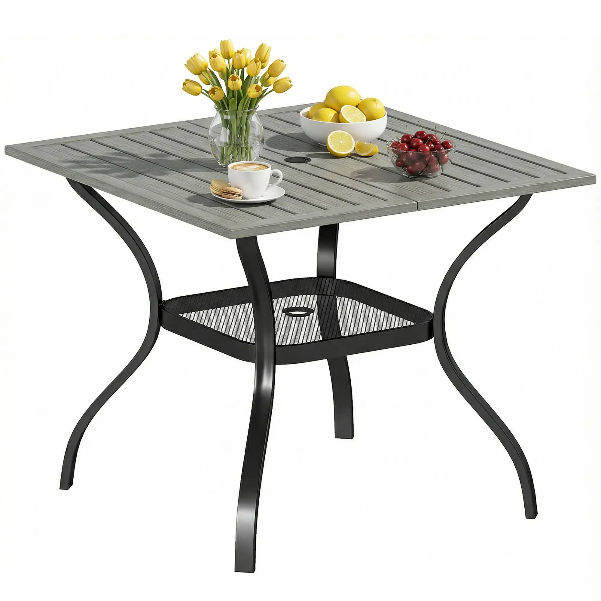 Square Patio Table With Umbrella Hole, Shelf, Slatted Faux Wood Steel Top, Grey - Image 11