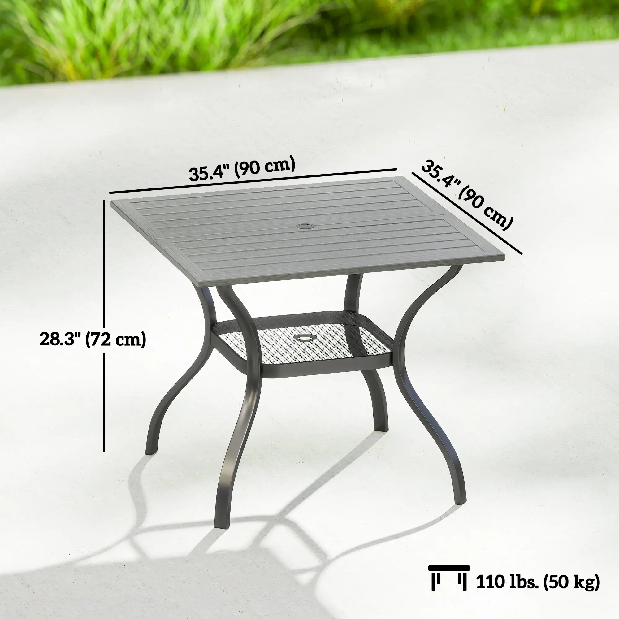 Square Patio Table With Umbrella Hole, Shelf, Slatted Faux Wood Steel Top, Grey - Image 3
