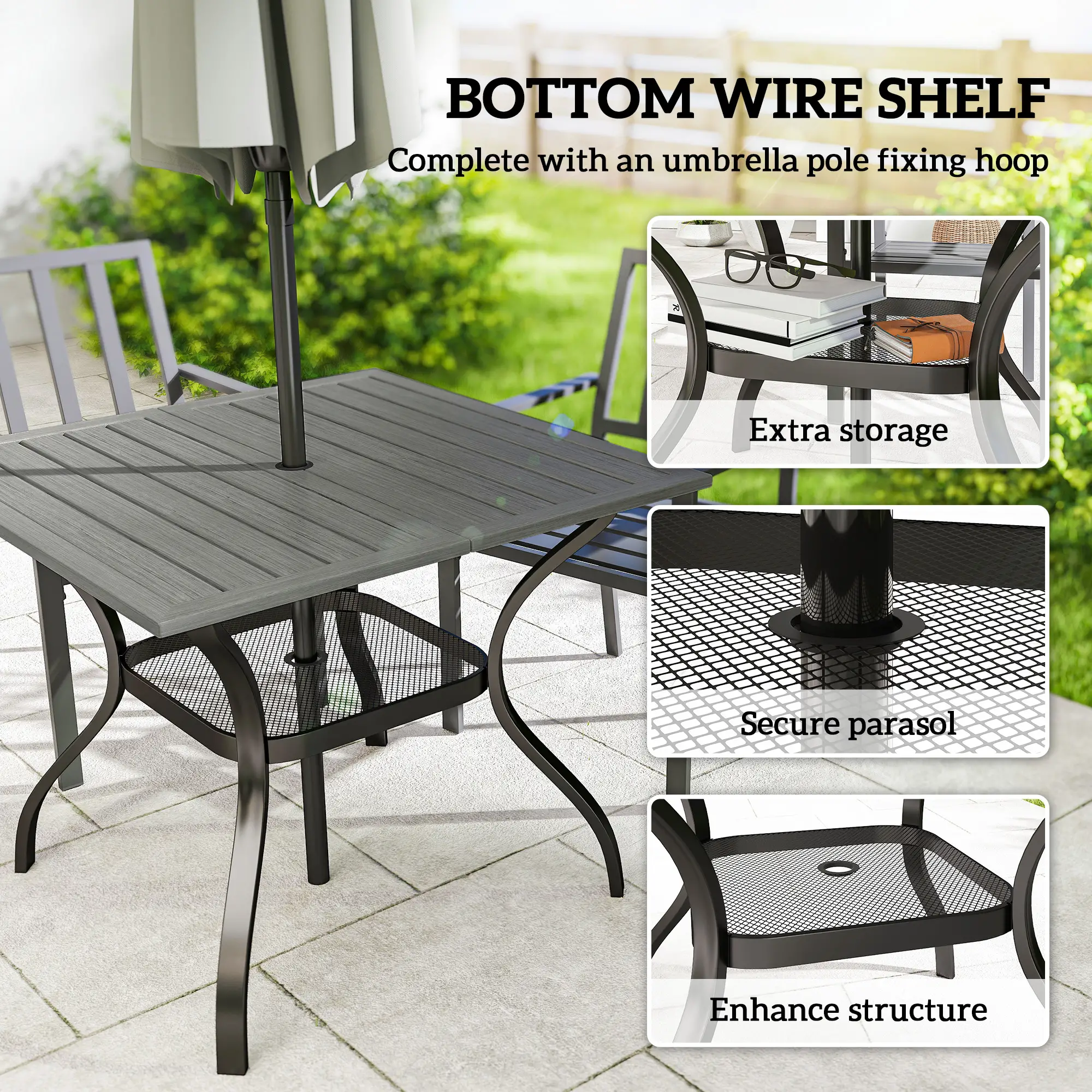 Square Patio Table With Umbrella Hole, Shelf, Slatted Faux Wood Steel Top, Grey - Image 5