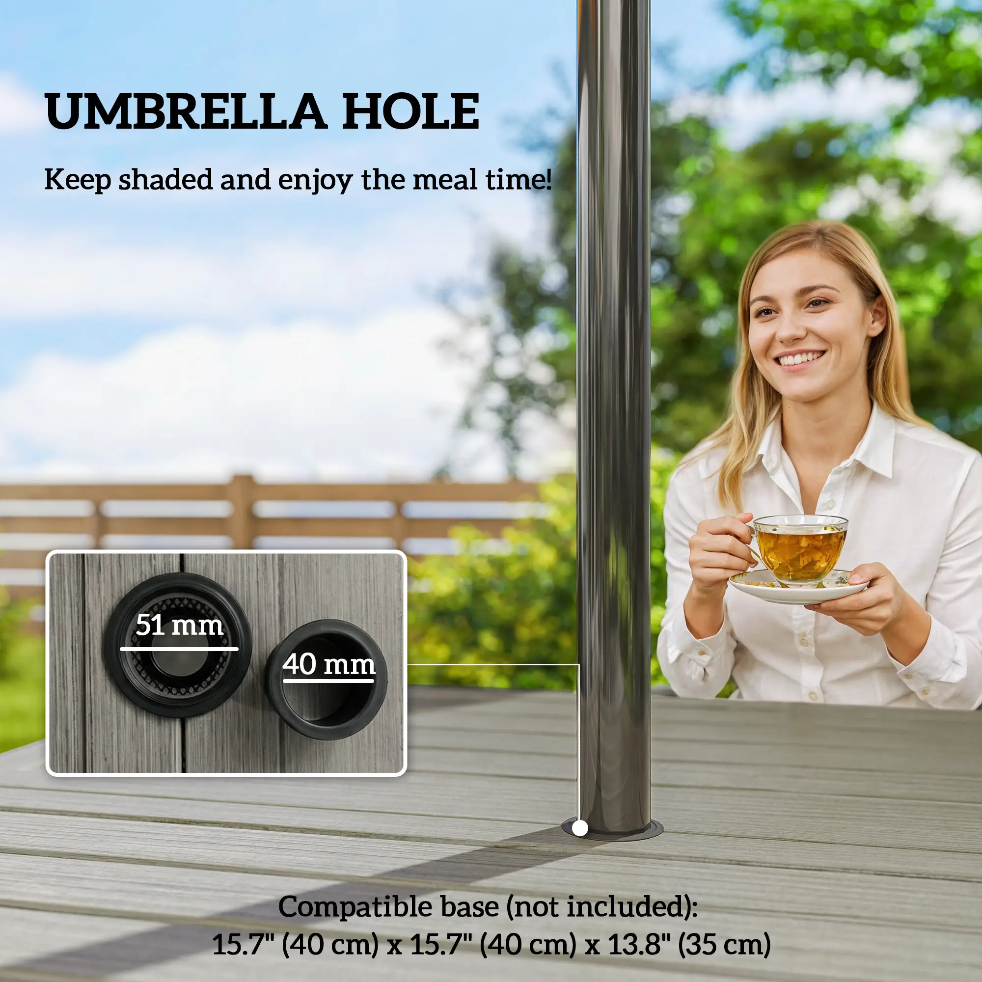Square Patio Table With Umbrella Hole, Shelf, Slatted Faux Wood Steel Top, Grey - Image 6