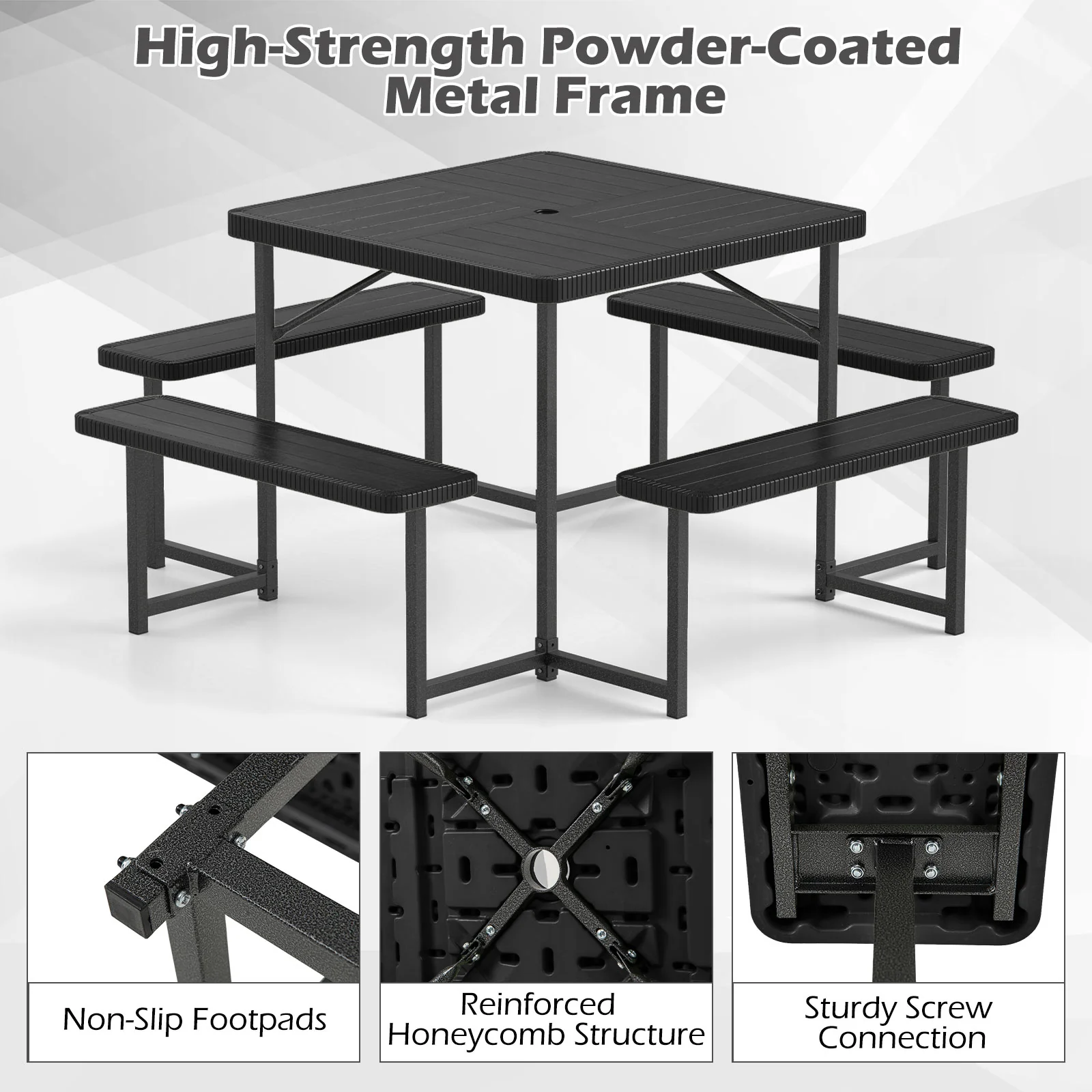 Square Picnic Table Bench Set For 4-8 People, Black - Image 10