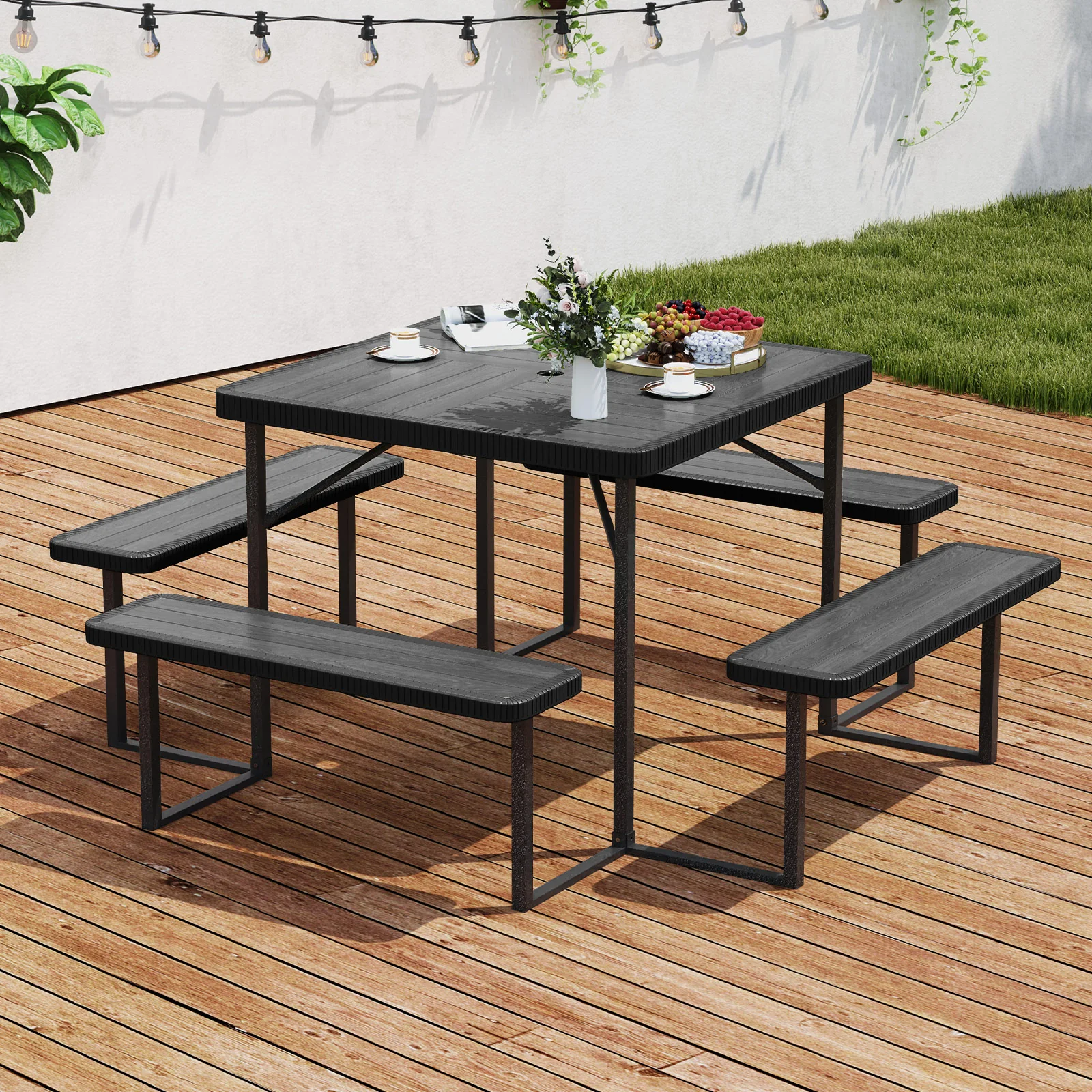 Square Picnic Table Bench Set For 4-8 People, Black - Image 2