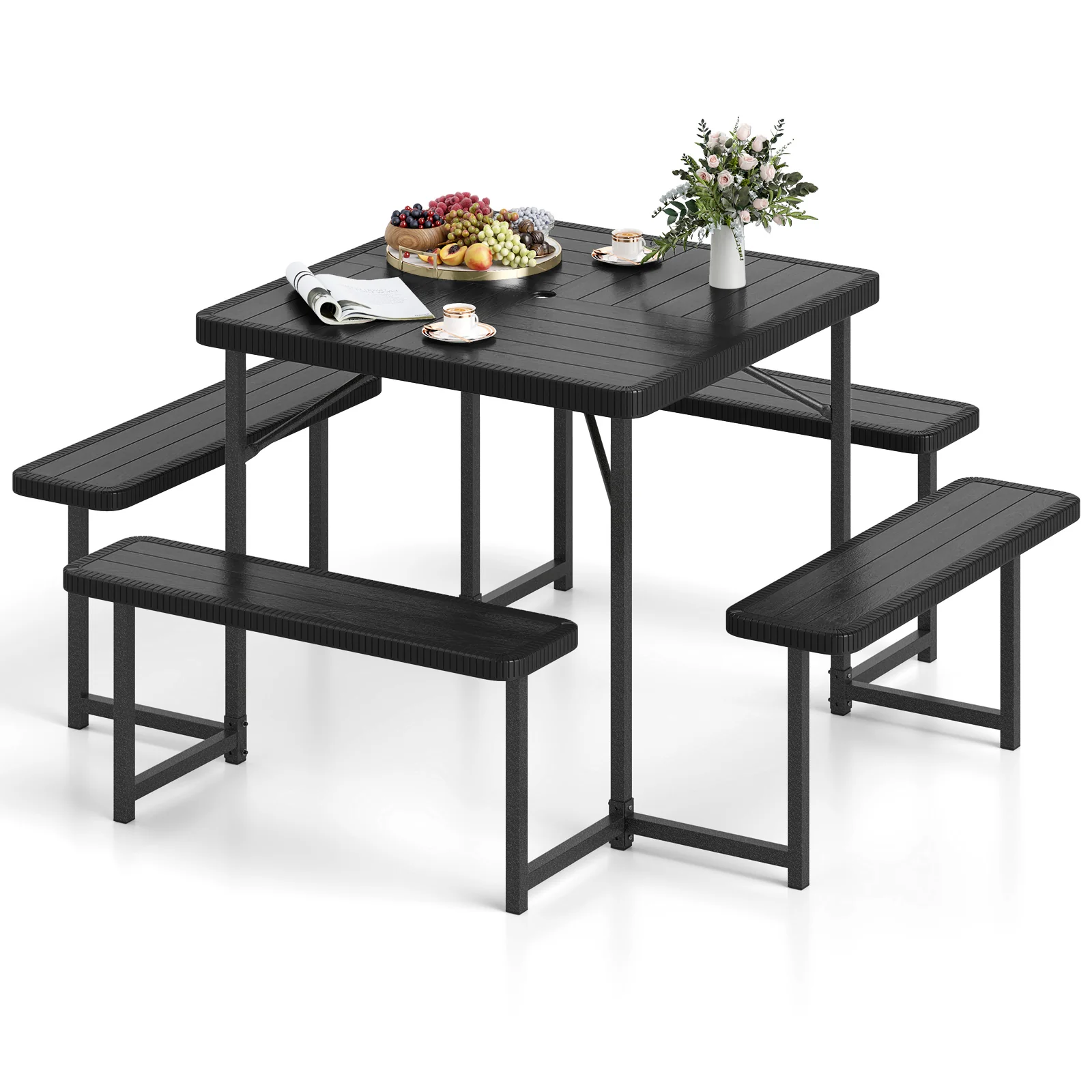 Square Picnic Table Bench Set For 4-8 People, Black - Image 5