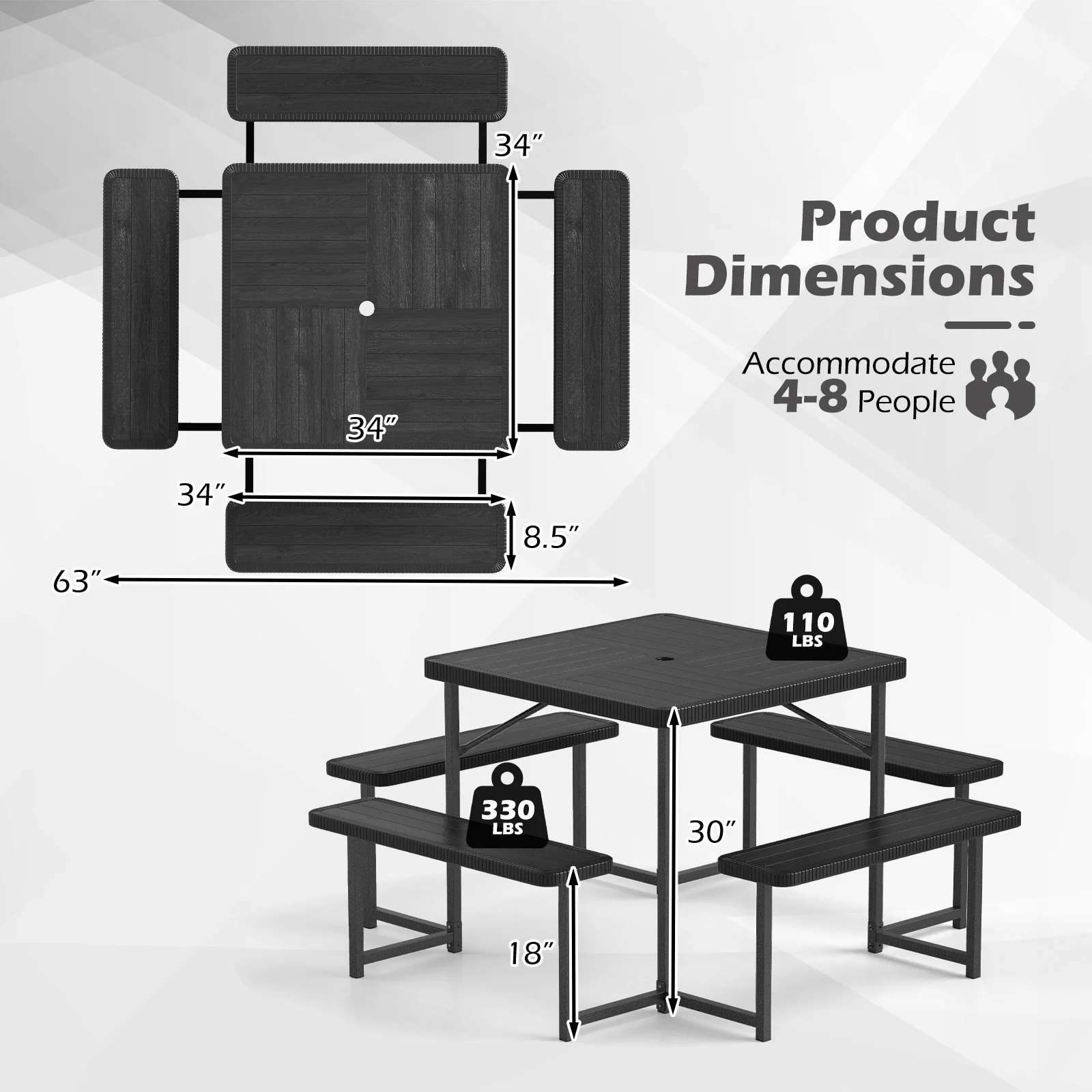 Square Picnic Table Bench Set For 4-8 People, Black - Image 6
