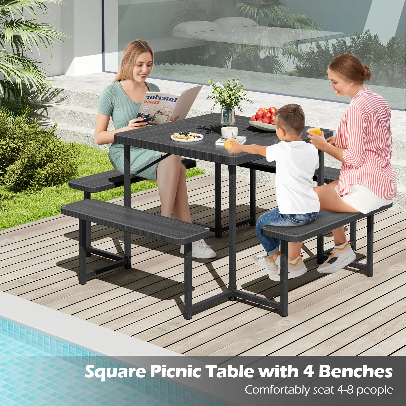 Square Picnic Table Bench Set For 4-8 People, Black - Image 7