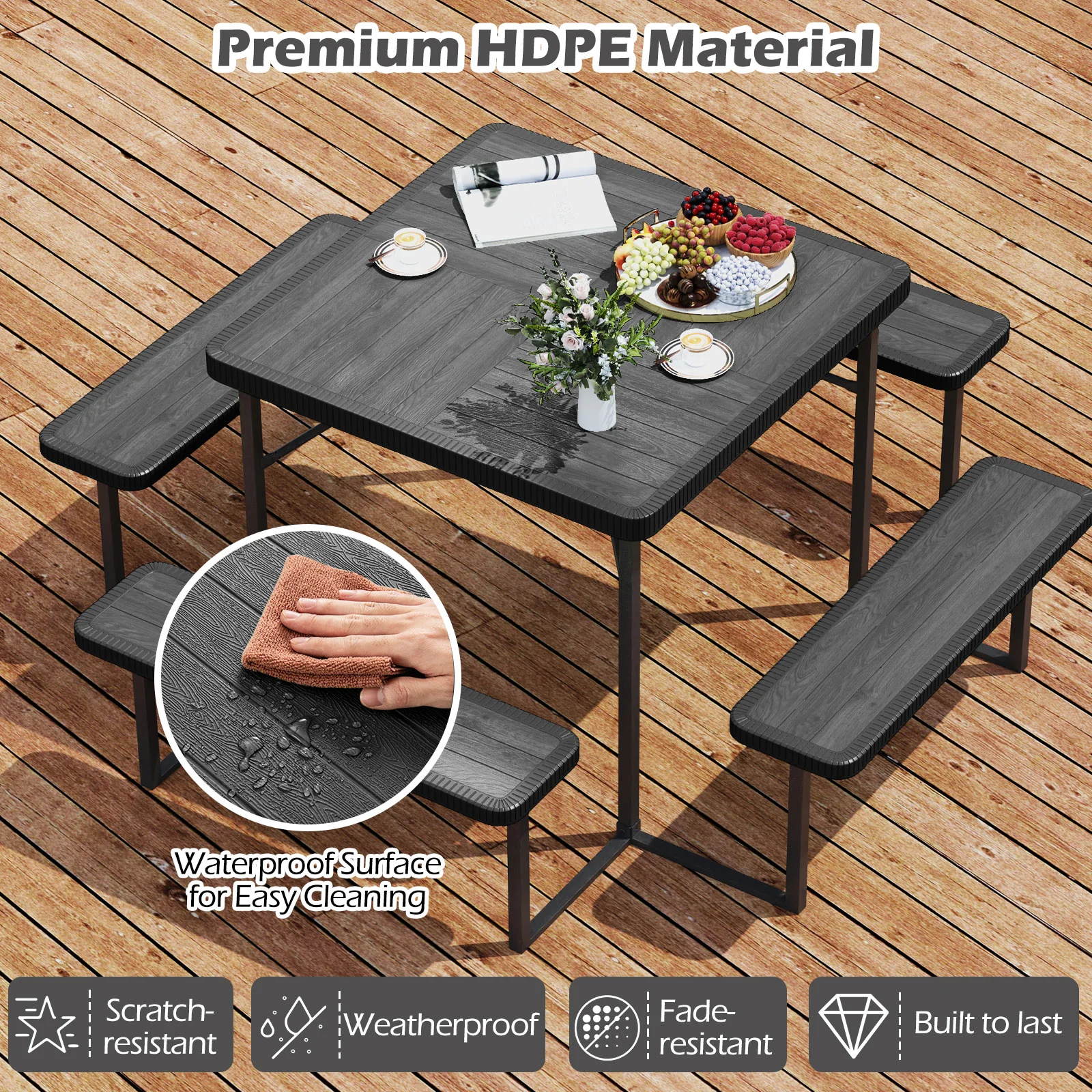 Square Picnic Table Bench Set For 4-8 People, Black - Image 9
