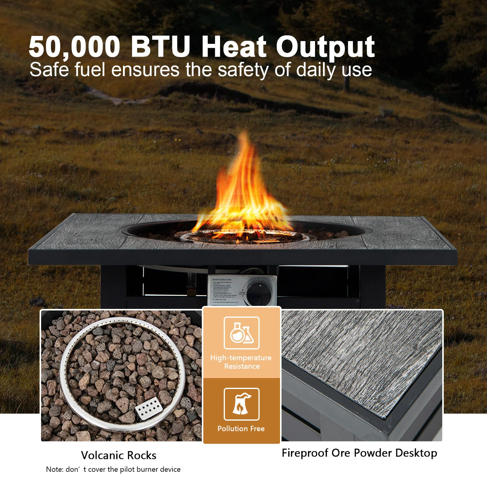 Square Propane Fire Pit Table With Lava Rocks, Rain Cover, Black - Image 10