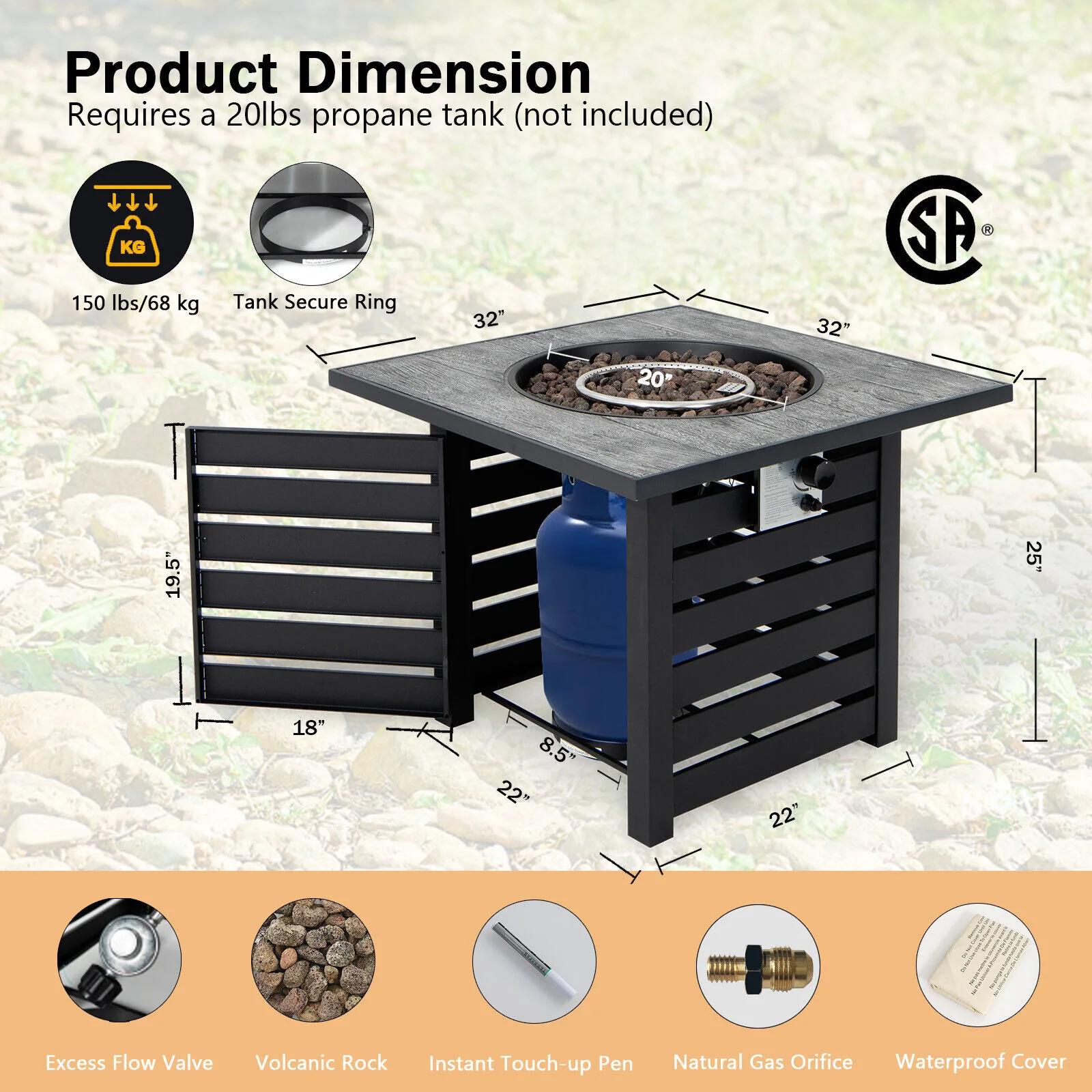 Square Propane Fire Pit Table With Lava Rocks, Rain Cover, Black - Image 6