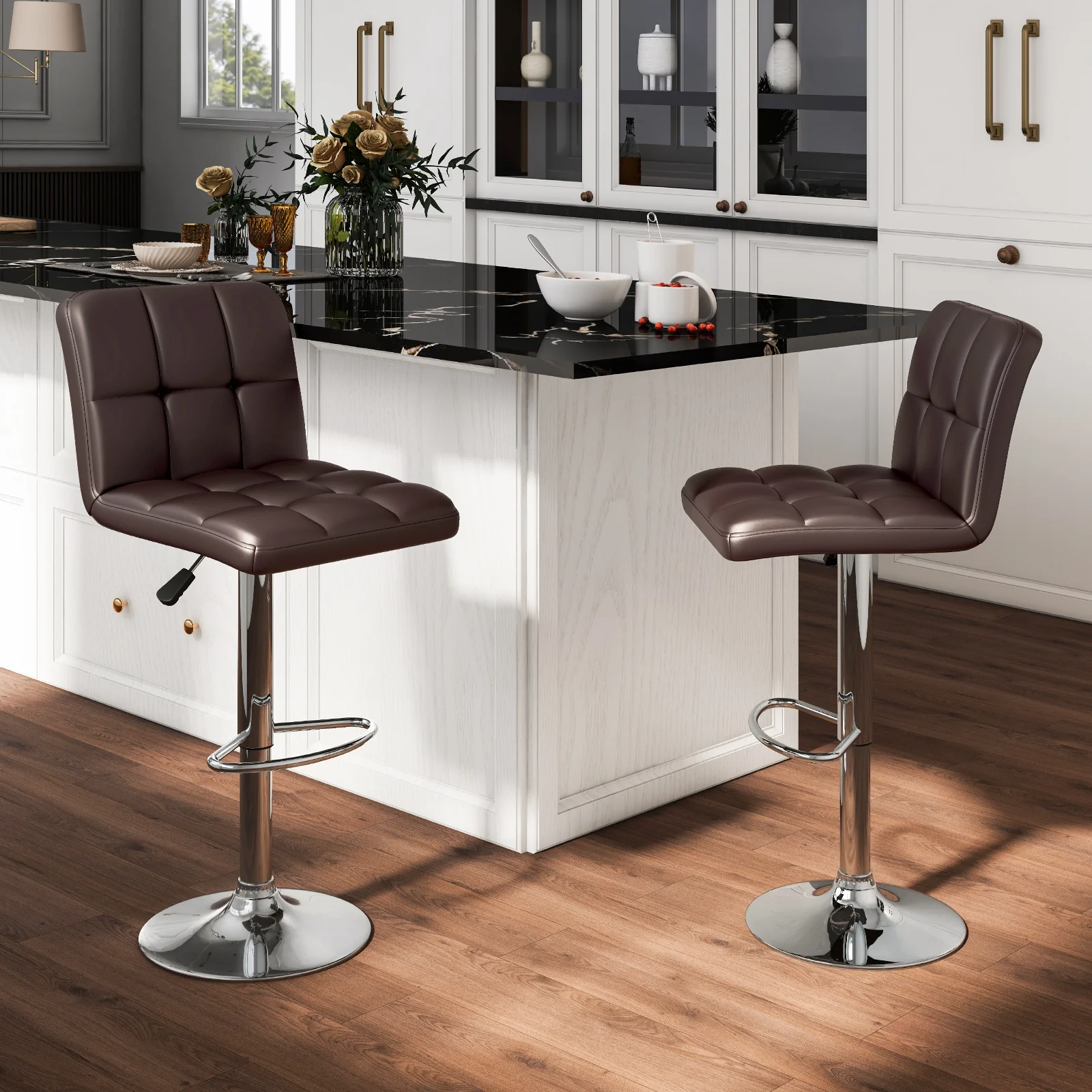 Square Swivel Adjustable PU Leather Bar Stools, Set of 2, Brown - Image 3