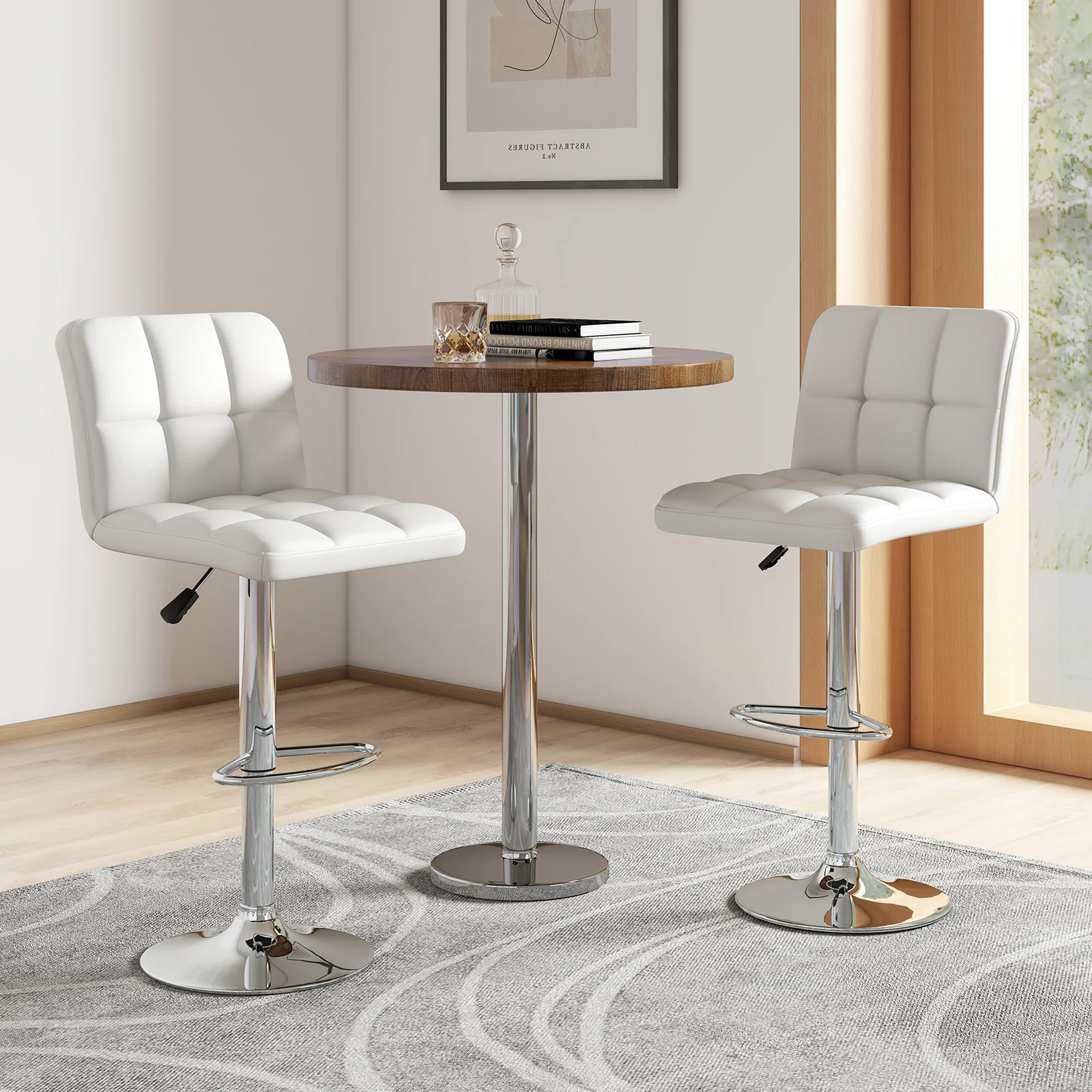 Square Swivel Adjustable PU Leather Bar Stools, Set of 2, White - Image 2