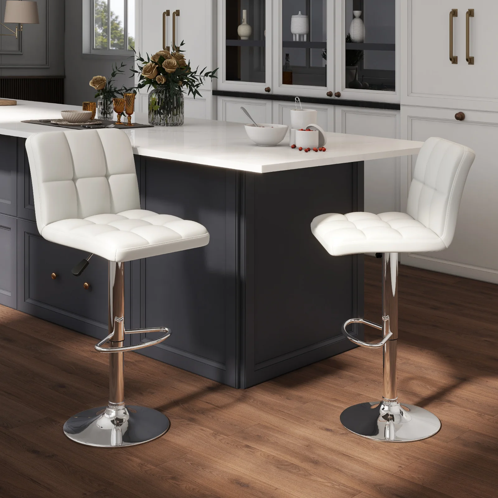 Square Swivel Adjustable PU Leather Bar Stools, Set of 2, White - Image 3