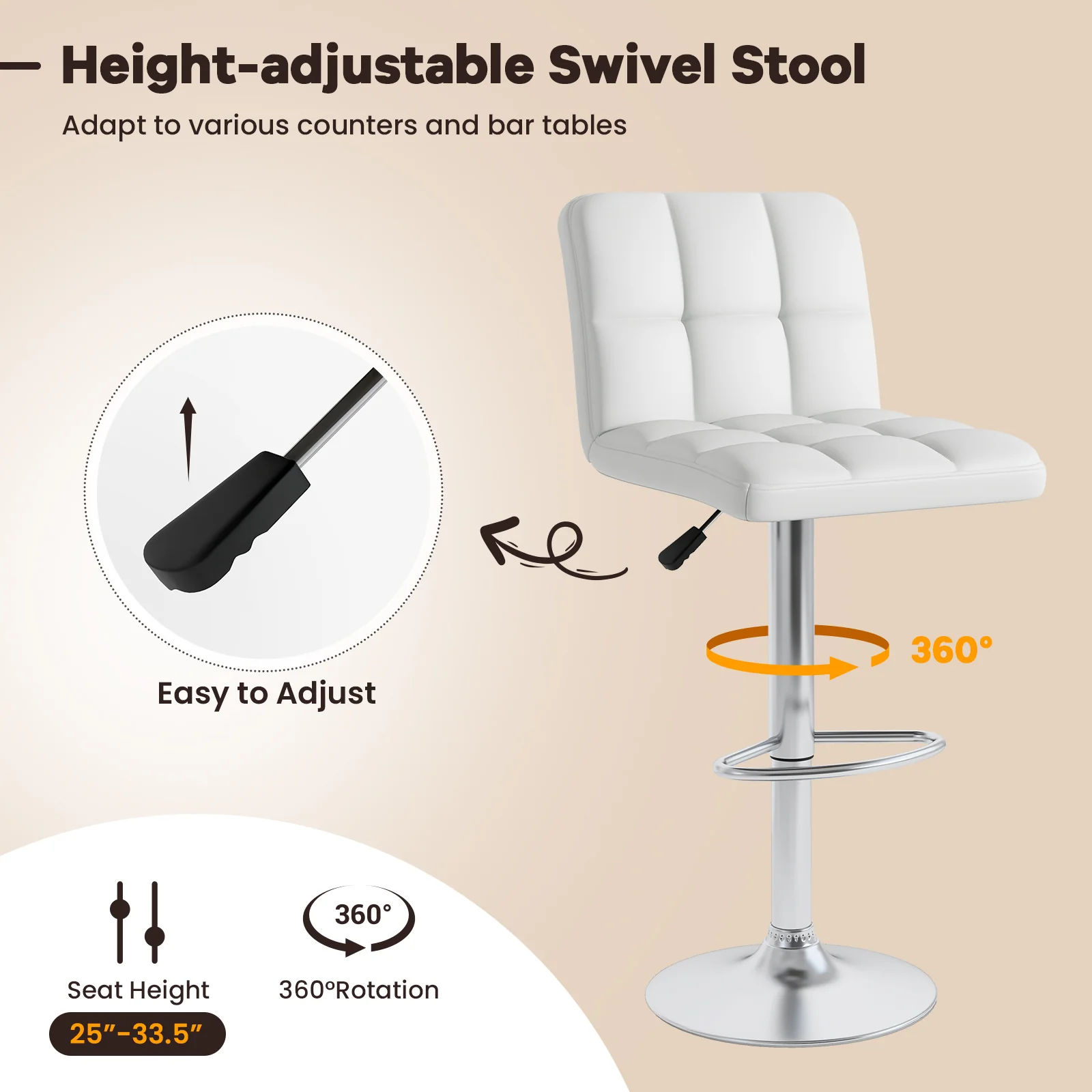 Square Swivel Adjustable PU Leather Bar Stools, Set of 2, White - Image 9